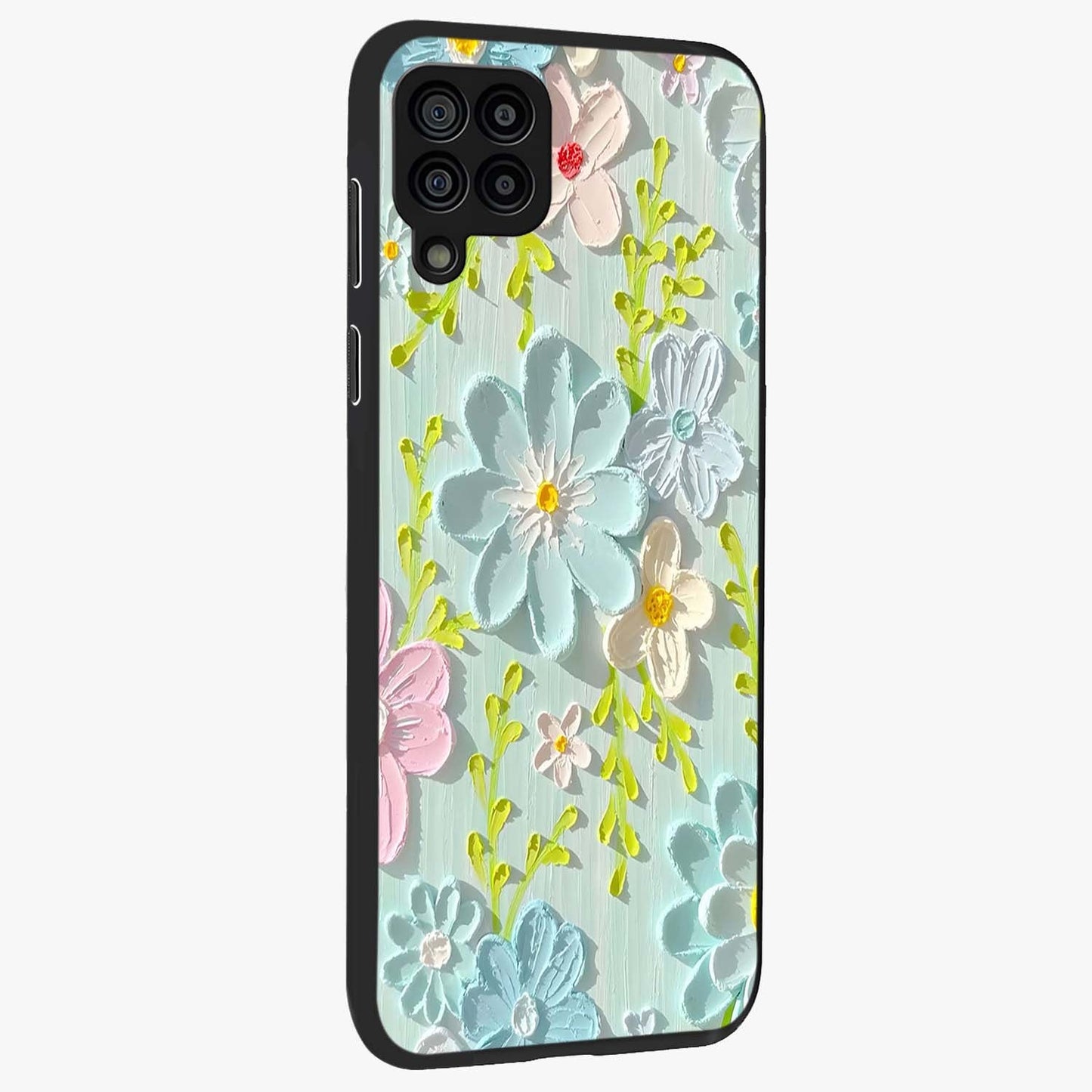 Frosted Petal Garden Glass Case upright view showcasing elegant floral garden artwork with soothing pastel theme.