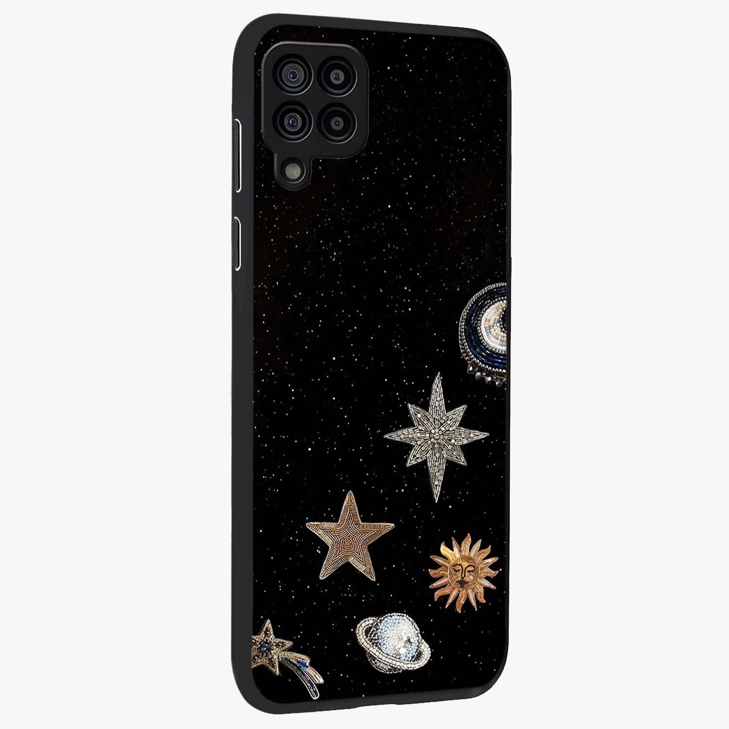 Galactic Charm Glow Glass Case upright view showcasing glowing cosmic charm artwork with magical celestial style.