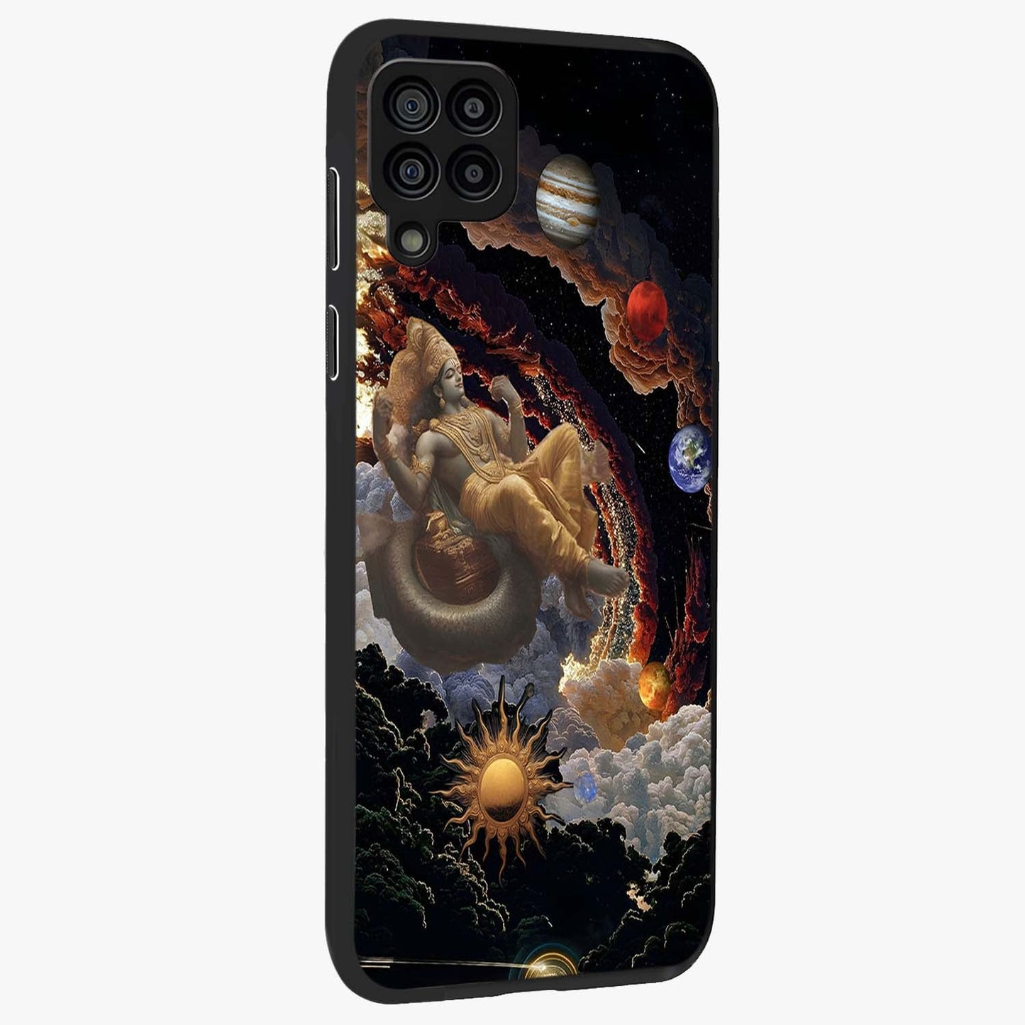 Galactic Divine God Glass Case upright view showcasing mystical divine artwork with dramatic cosmic theme.