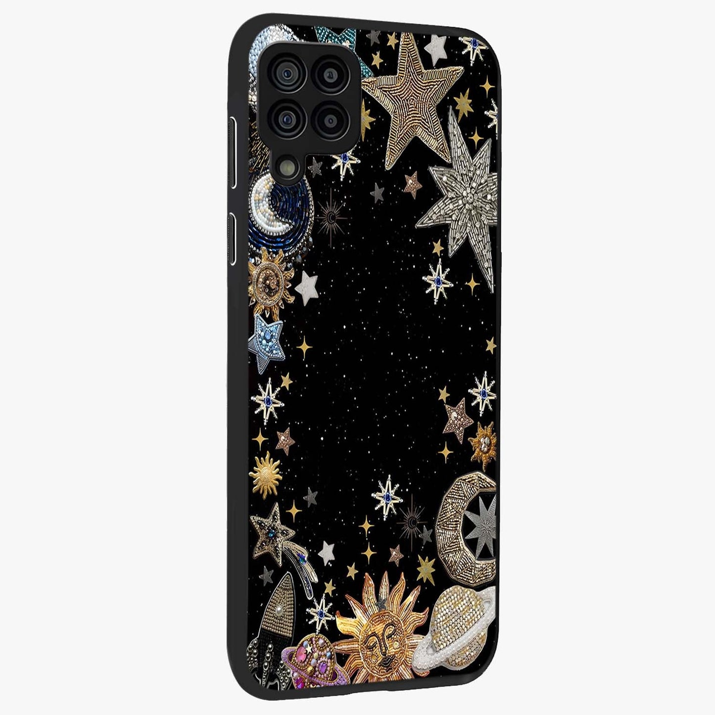 Galactic Jewel Stars Glass Case upright view showcasing glittering star jewel artwork with vibrant galaxy theme.