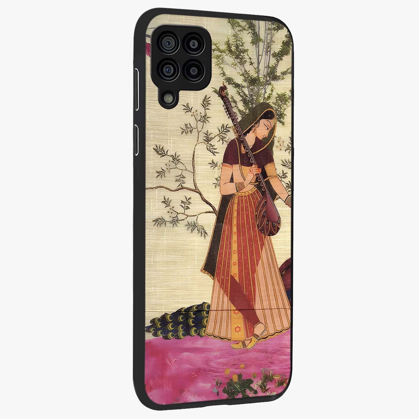 Lady With Veena Art Glass Case upright view showcasing classical veena artwork with traditional artistic theme.