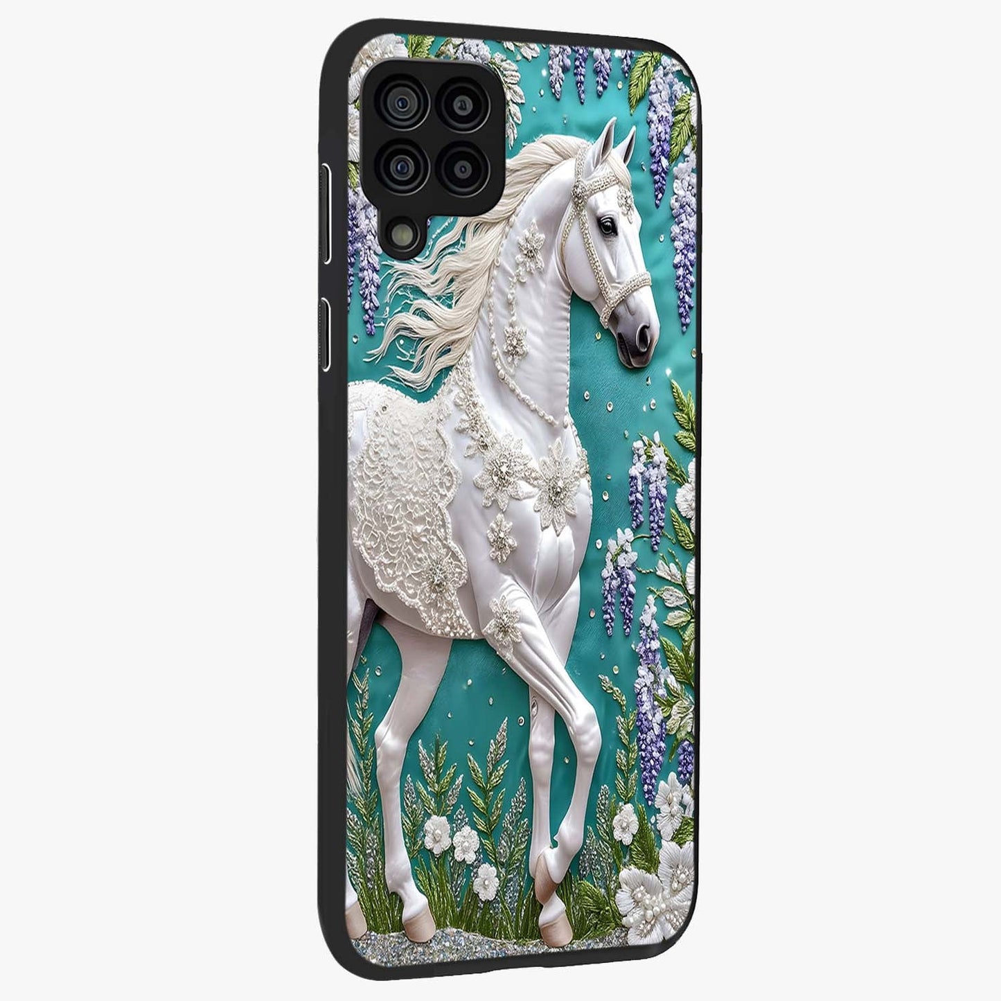 Majestic Floral Stallion Glass Case upright view showcasing dramatic horse artwork with decorative floral theme.