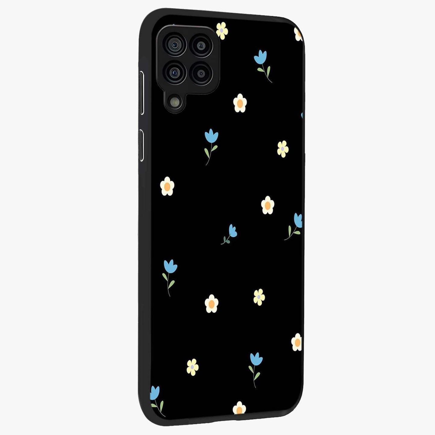Minimal Petal Whispers Glass Case upright view showcasing elegant floral artwork with modern minimalist style.