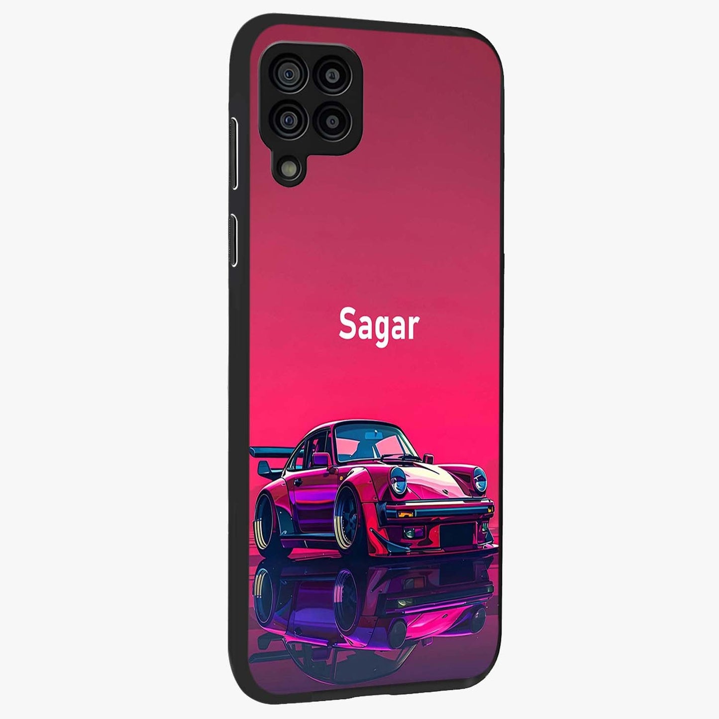 Neon Pink Porsche Glass Case upright view showcasing vibrant sports car artwork with bold automotive theme.