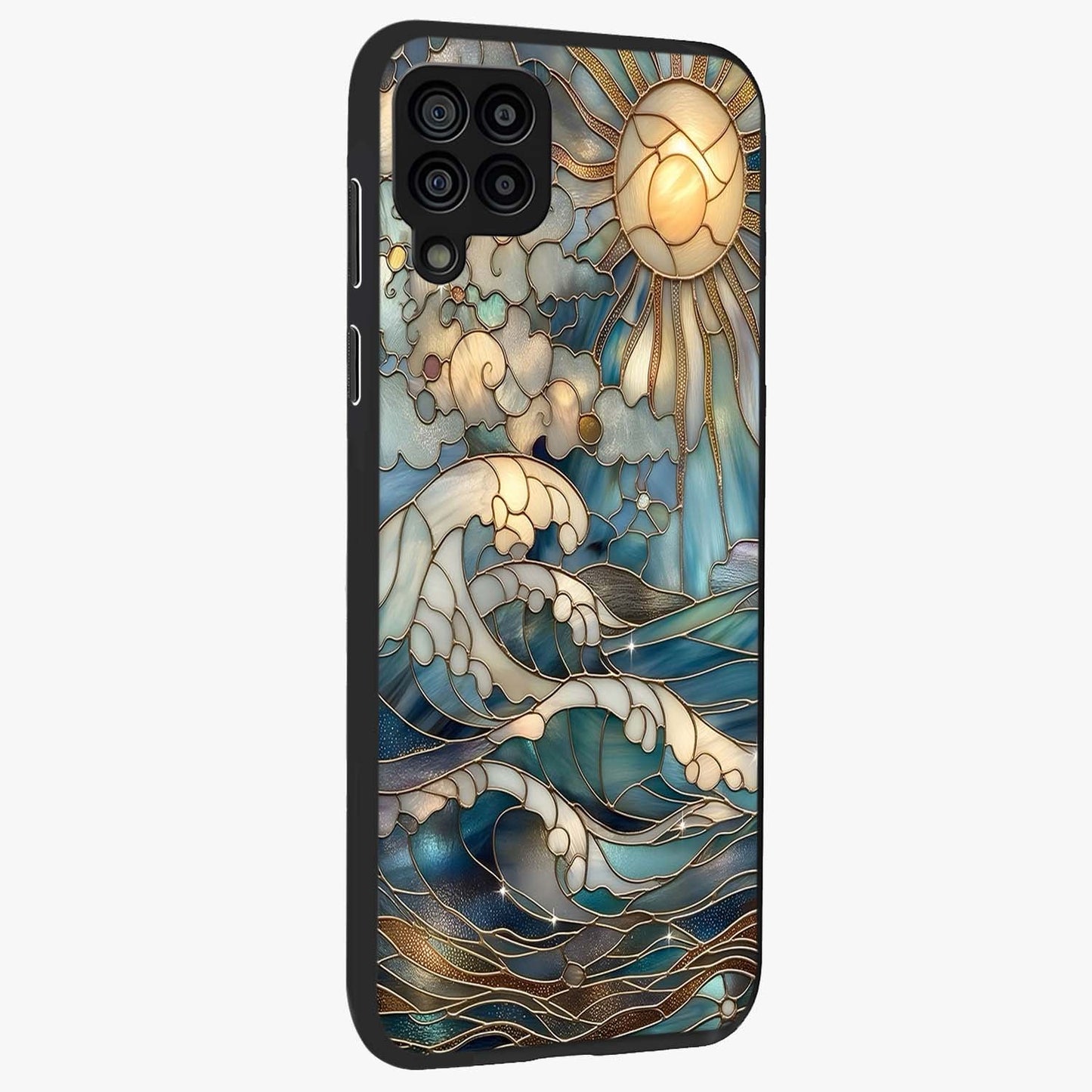 Oceanic Stained Printed Glass Case upright view showcasing decorative ocean pattern artwork with vibrant marine theme.