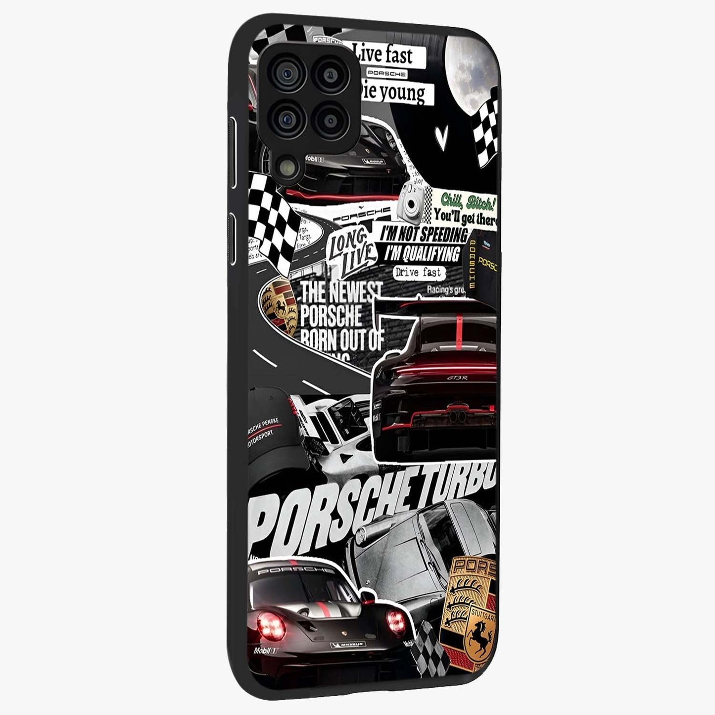 Porsche Racing Collage Glass Case upright view showcasing energetic car collage artwork with high speed racing theme.