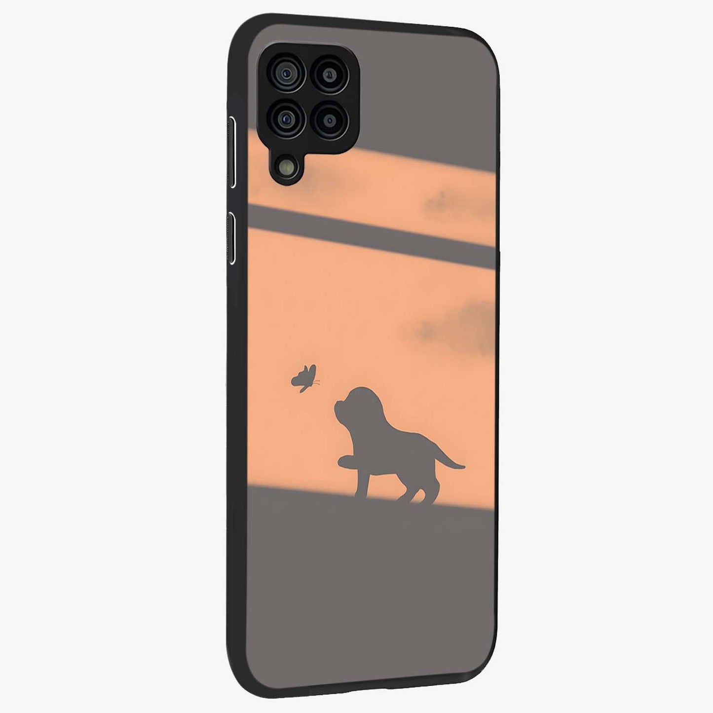 Puppy Shadow Art Glass Case upright view showcasing charming puppy artwork with creative silhouette theme.