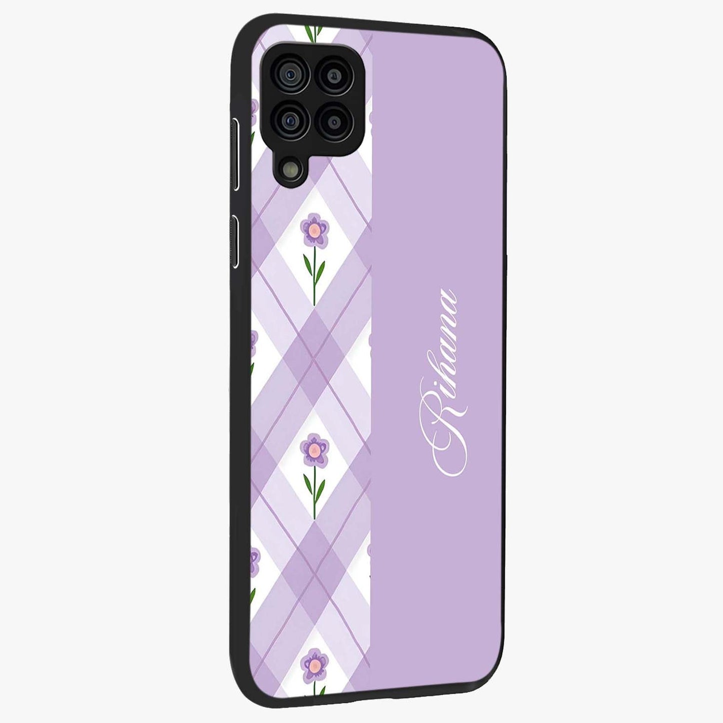 Purple Diamond Floral Glass Case upright view showcasing vibrant floral artwork with stylish geometric theme.
