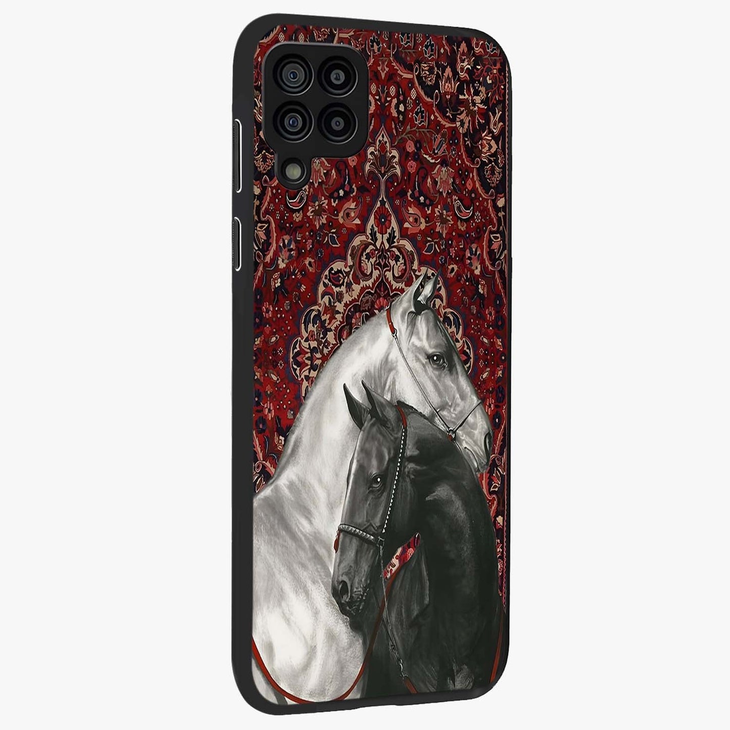 Regal Stallion Tapestry Glass Case upright view showcasing powerful horse artwork with elegant tapestry theme.