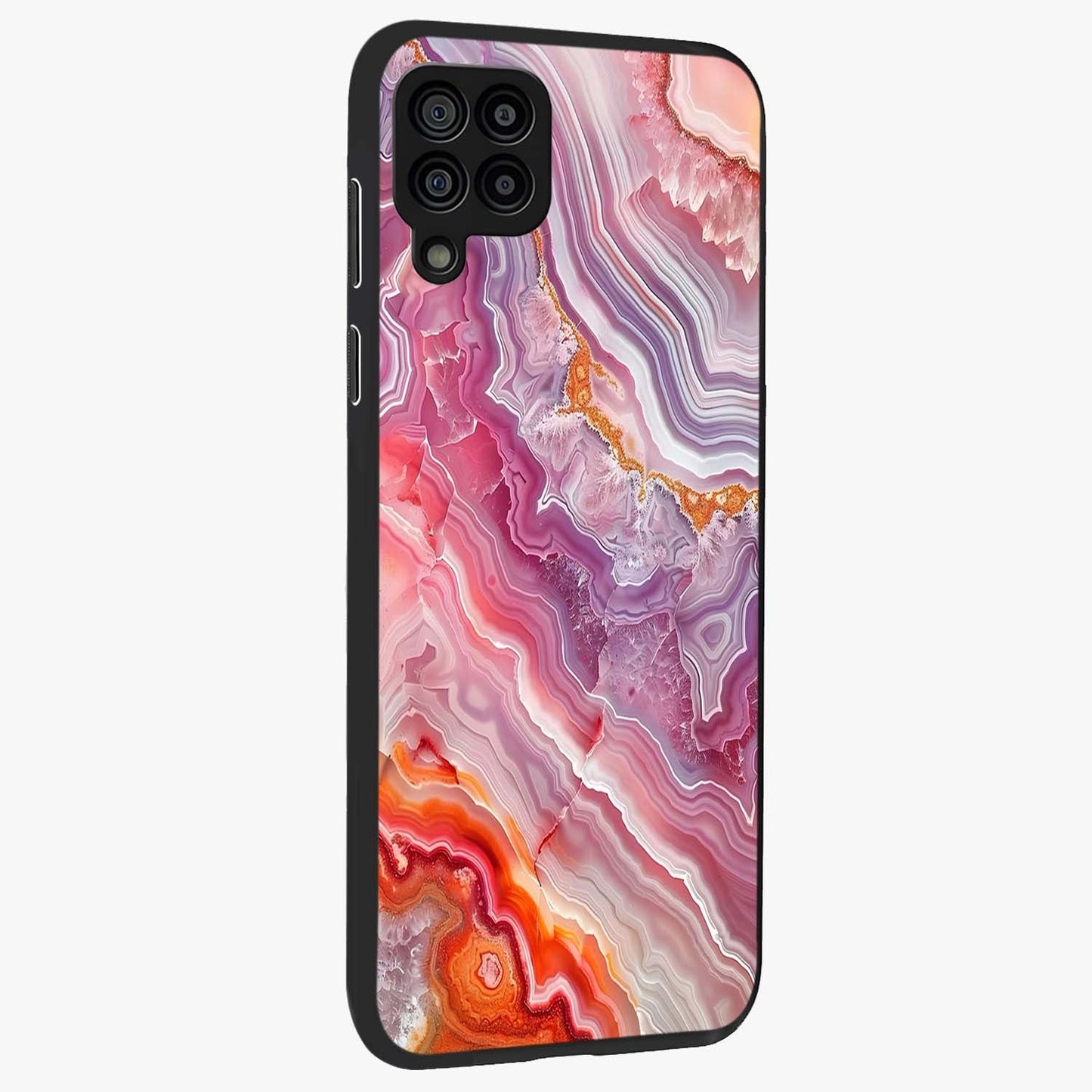 Rose Quartz Marble Glass Case upright view showcasing decorative marble artwork with luxurious pastel theme.