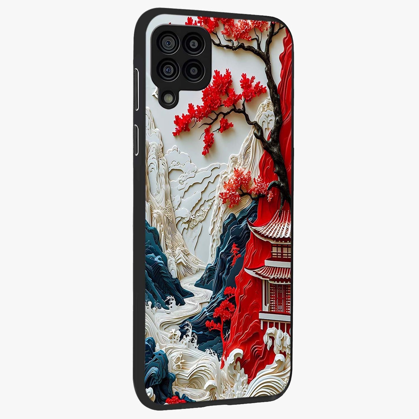 Whispers Of Sakura Waves Glass Case upright view showcasing delicate cherry blossom artwork with elegant nature theme.