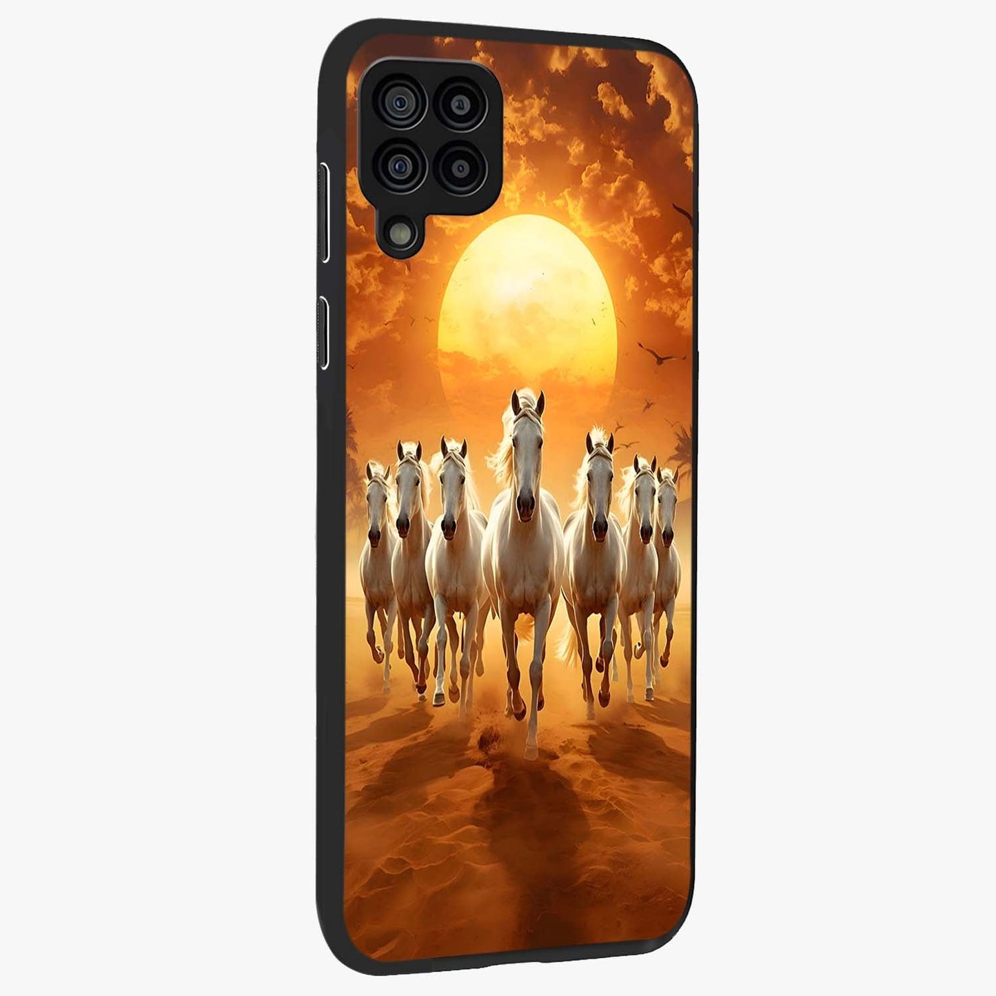 Wild Sunset Majesty Glass Case upright view showcasing dramatic sunset artwork with bold nature theme.