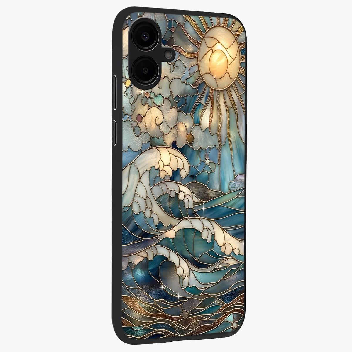Oceanic Stained Printed Glass Case upright view showcasing decorative ocean pattern artwork with vibrant marine theme.