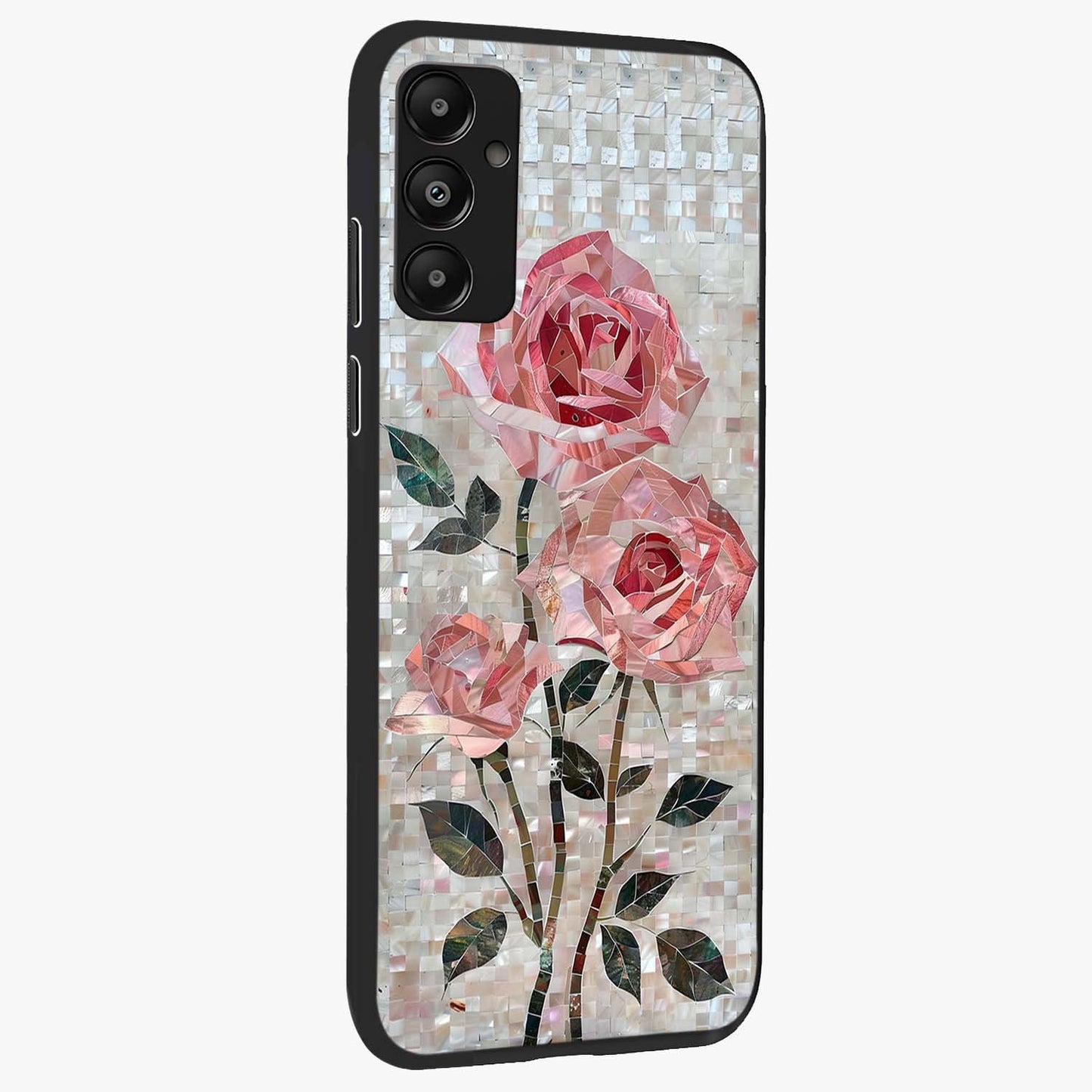 Blush Mosaic Bloom Glass Case upright view showcasing decorative floral mosaic artwork with stylish modern aesthetic.
