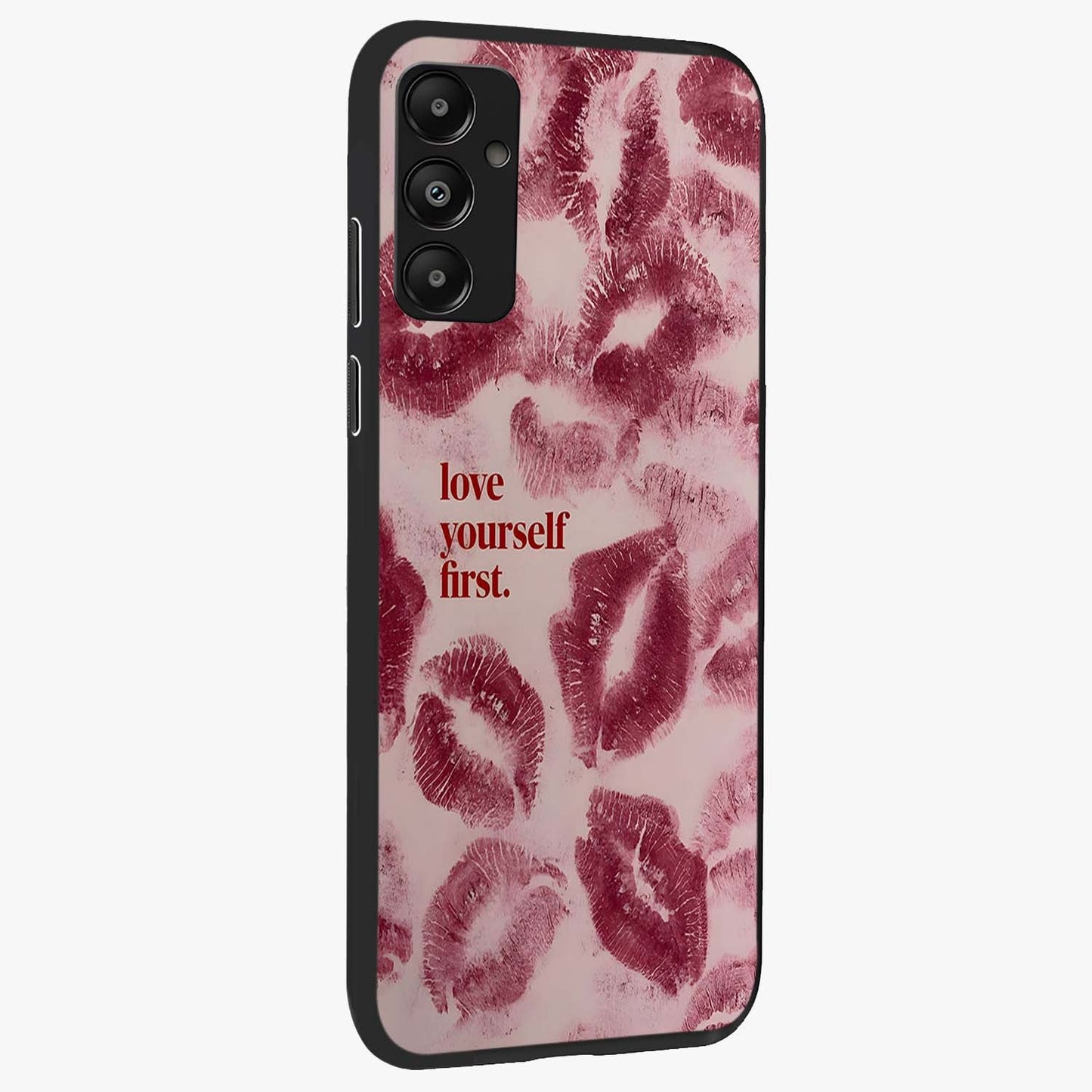 Crimson Kiss Love Glass Case upright view showcasing expressive romantic artwork with deep crimson theme.