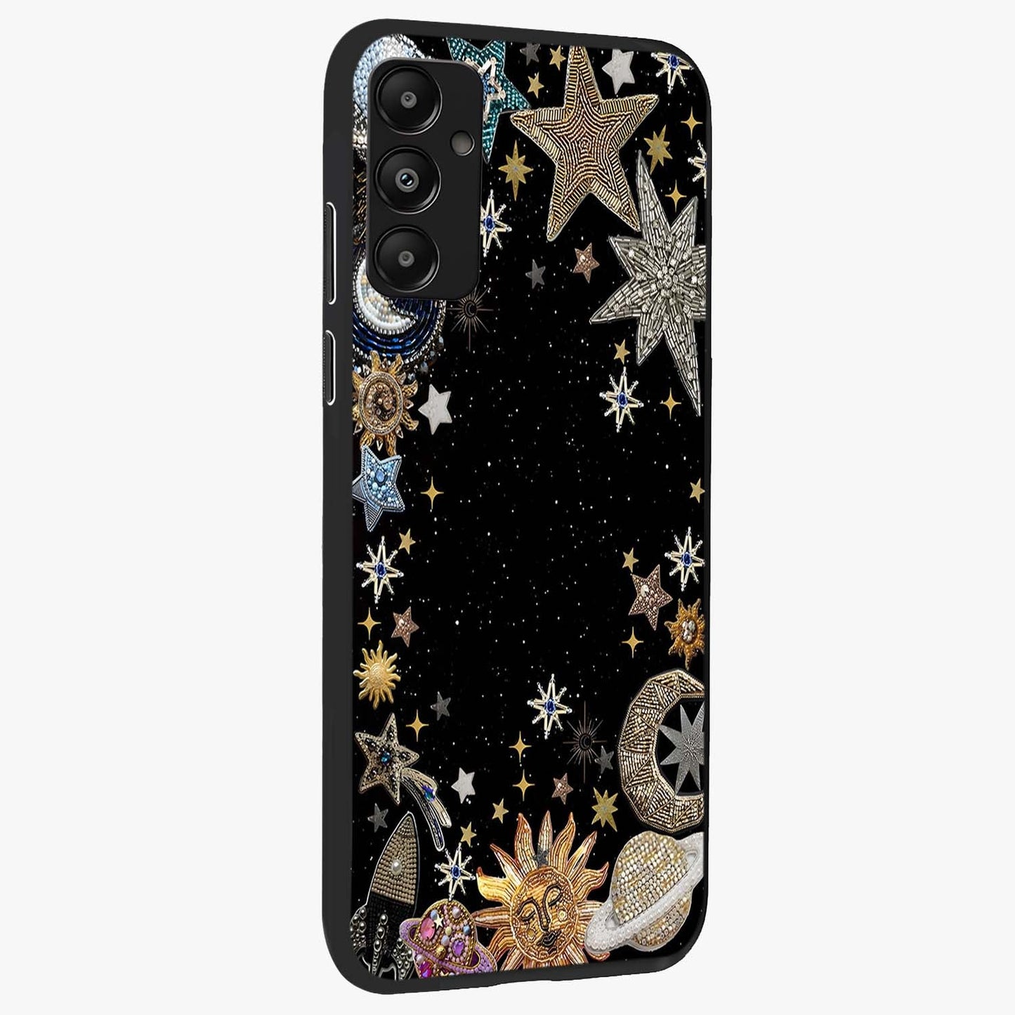 Galactic Jewel Stars Glass Case upright view showcasing glittering star jewel artwork with vibrant galaxy theme.