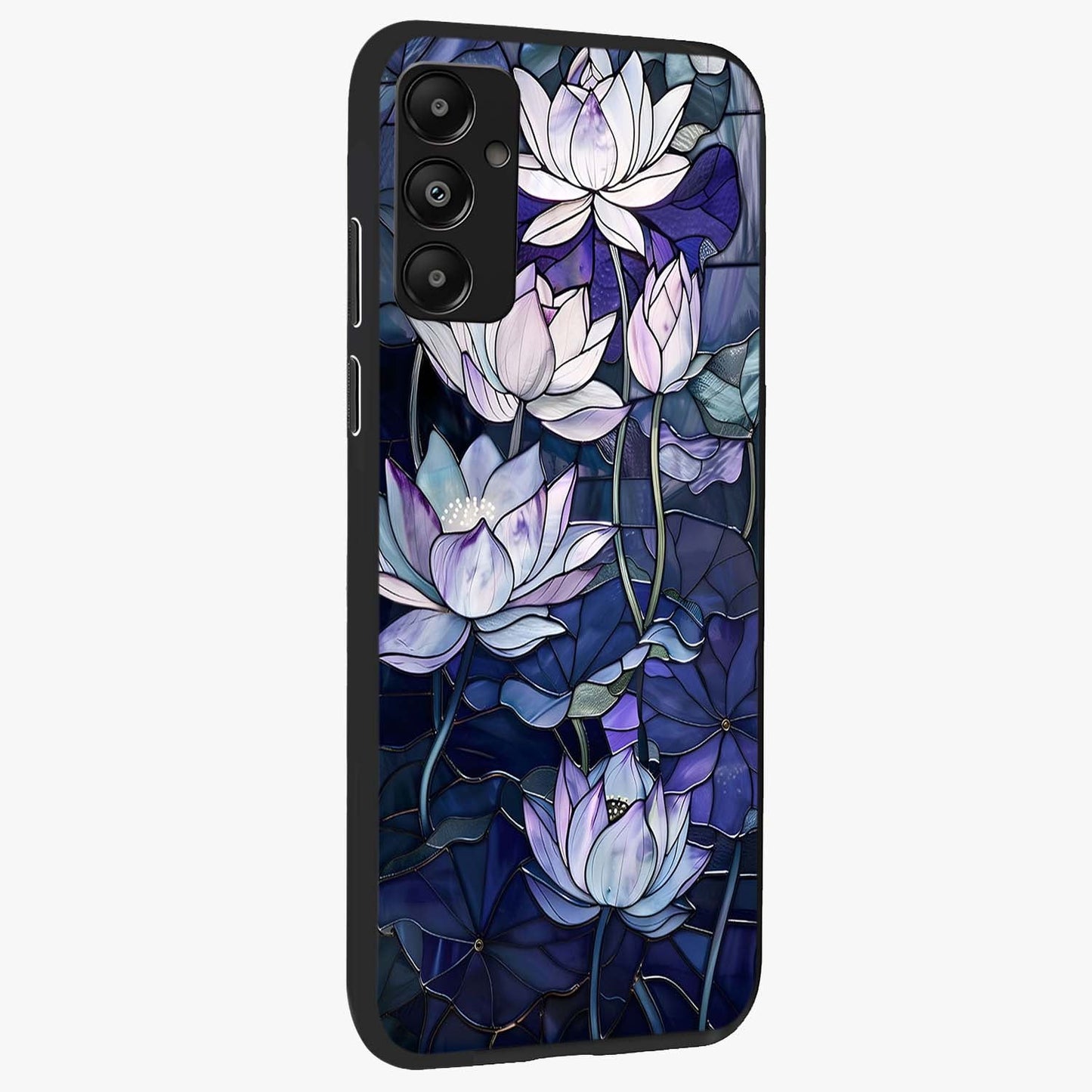 Gloss Petal Rush Glass Case upright view showcasing dynamic floral petal artwork with modern botanical theme.
