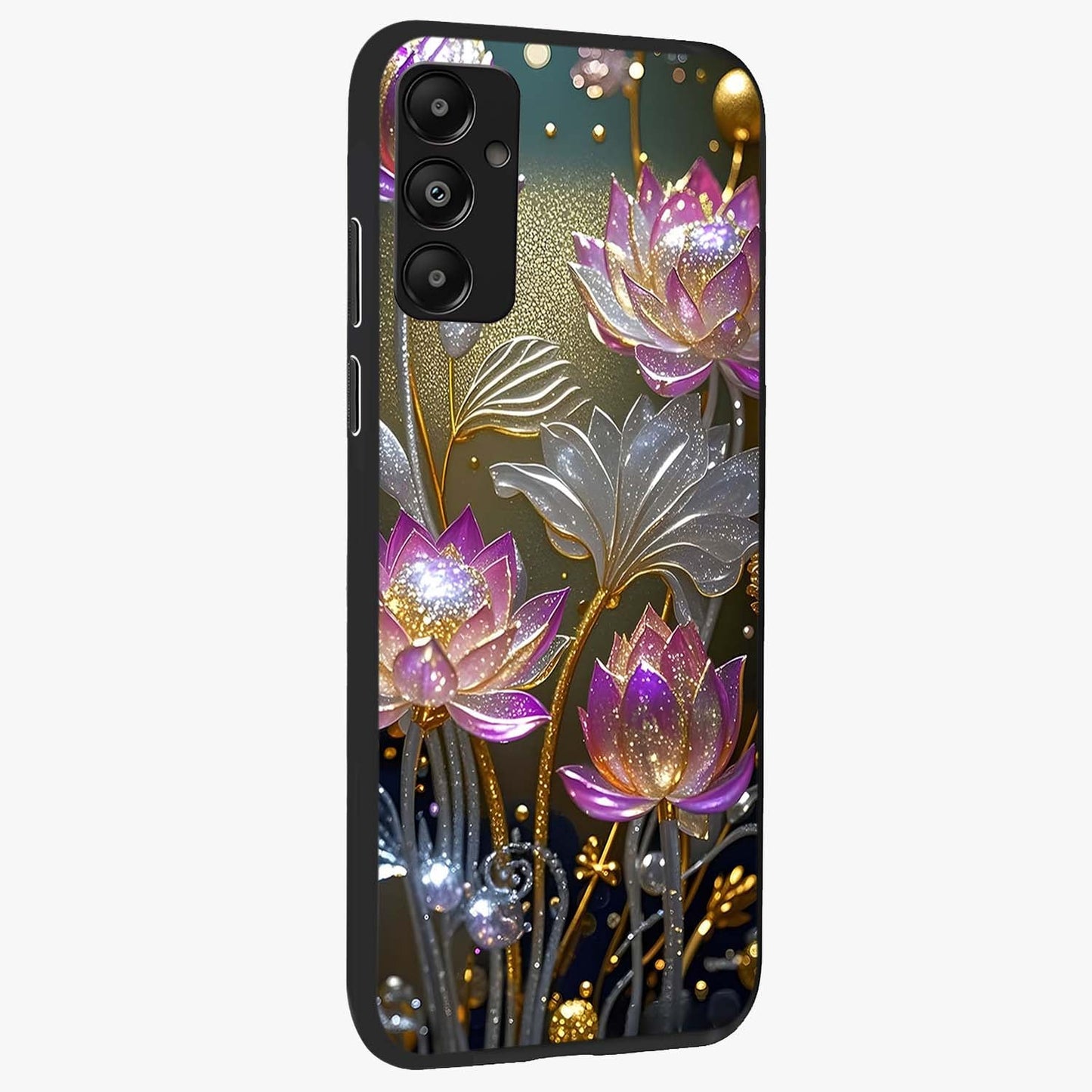 Golden Floral Majesty Glass Case upright view showcasing majestic floral artwork with rich decorative theme.