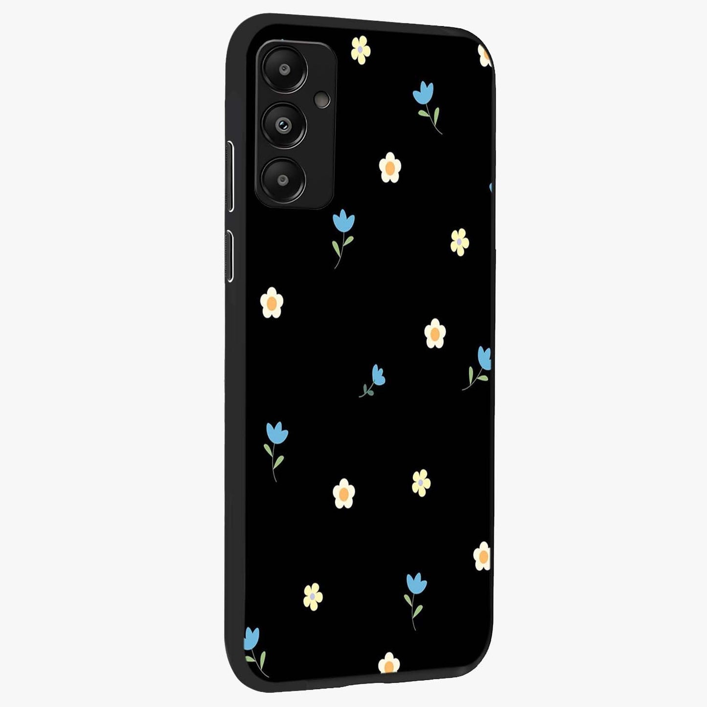 Minimal Petal Whispers Glass Case upright view showcasing elegant floral artwork with modern minimalist style.