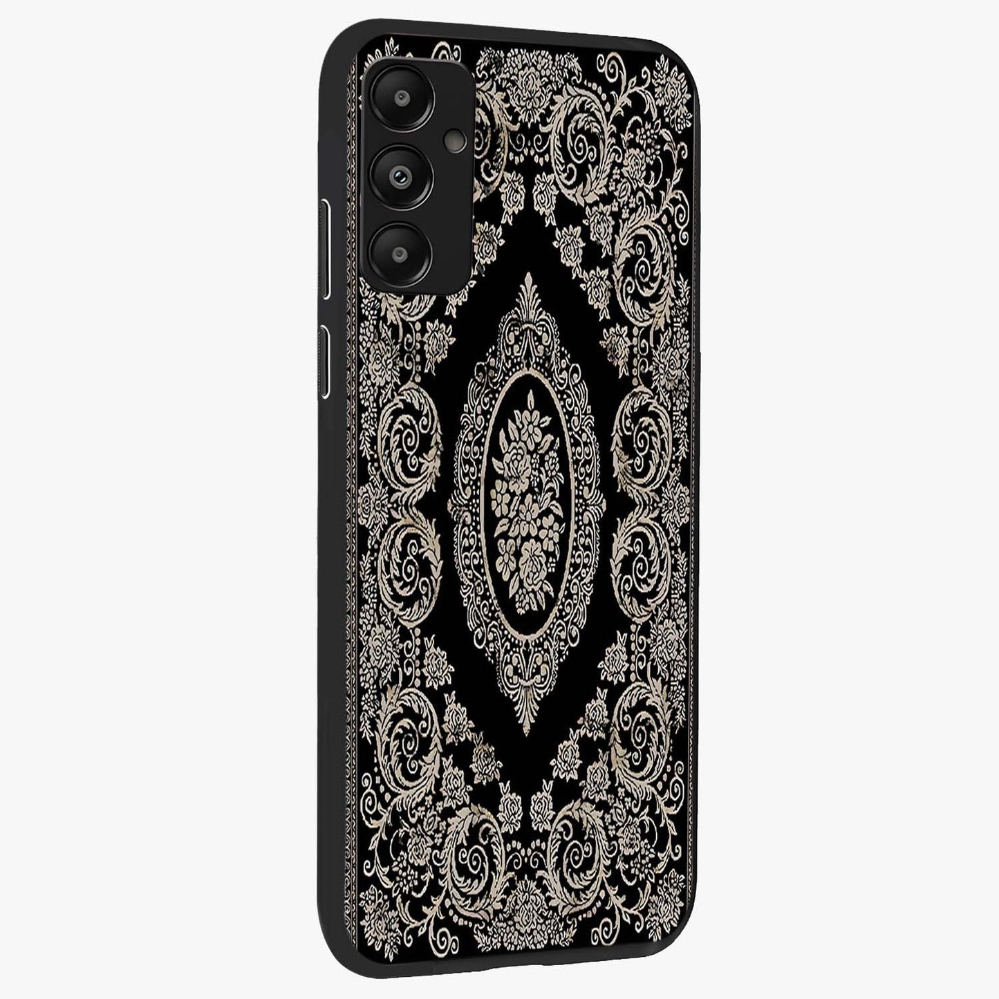Noir Bloom Elegance Glass Case upright view showcasing graceful floral artwork with luxurious dark theme.