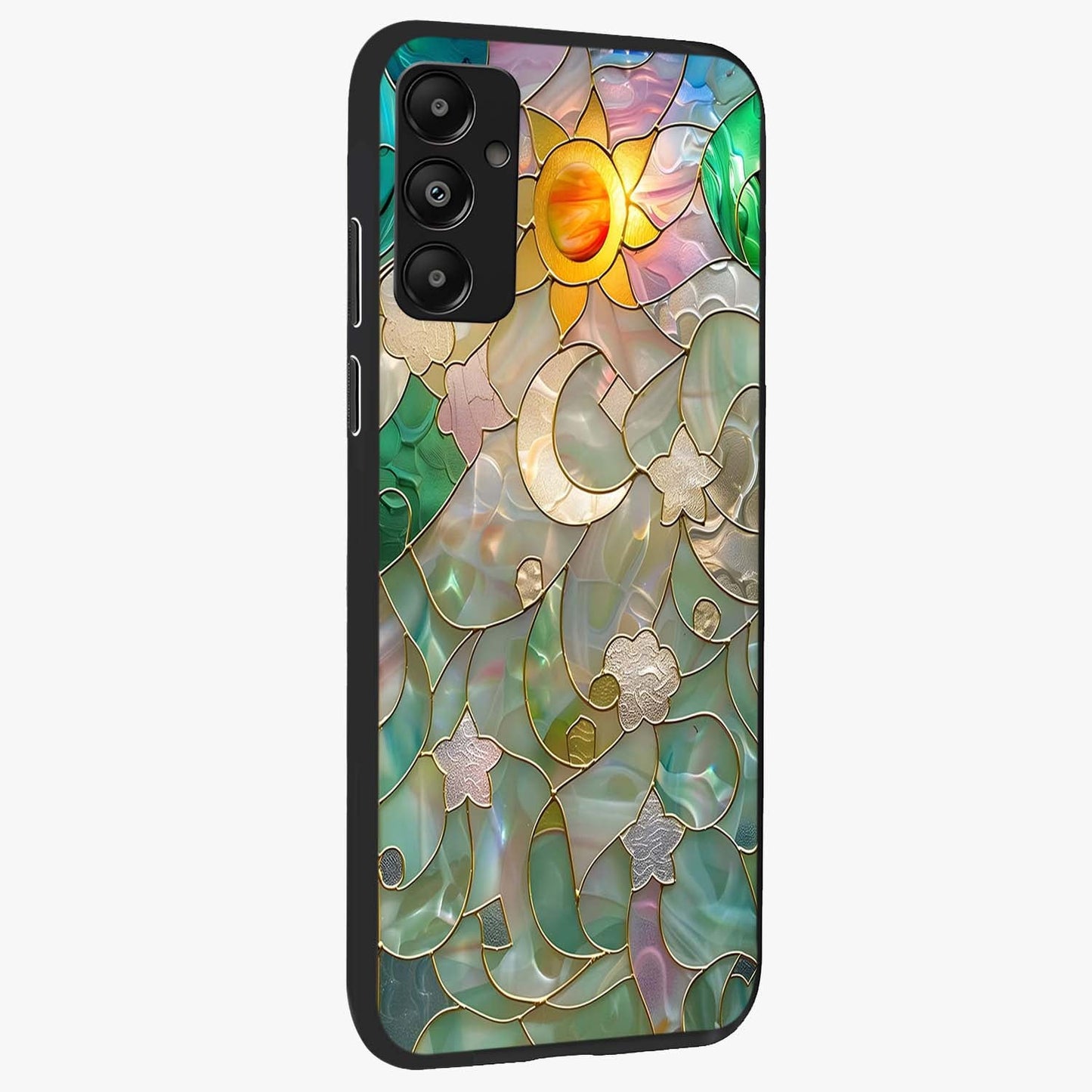 Stained Sunrise Glow Glass Case upright view showcasing colorful sunrise artwork with warm morning theme.