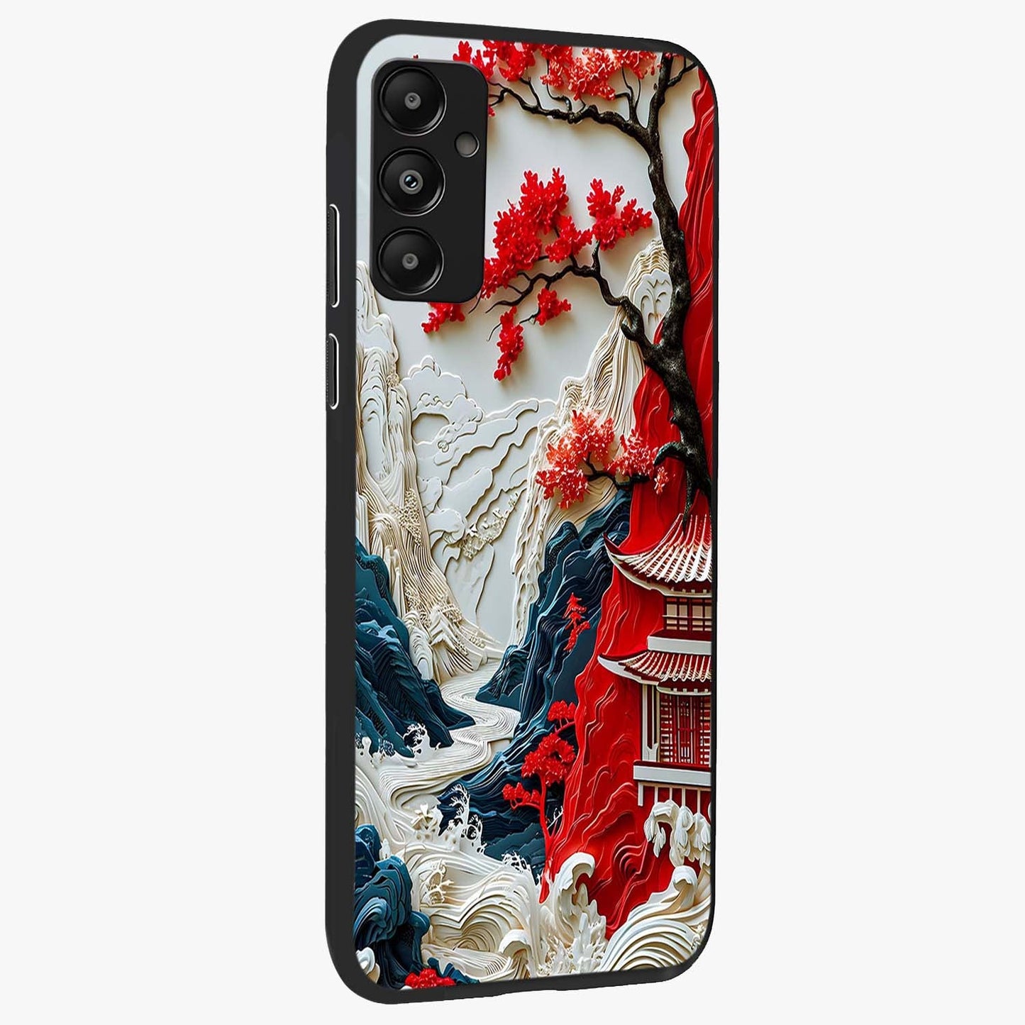 Whispers Of Sakura Waves Glass Case upright view showcasing delicate cherry blossom artwork with elegant nature theme.