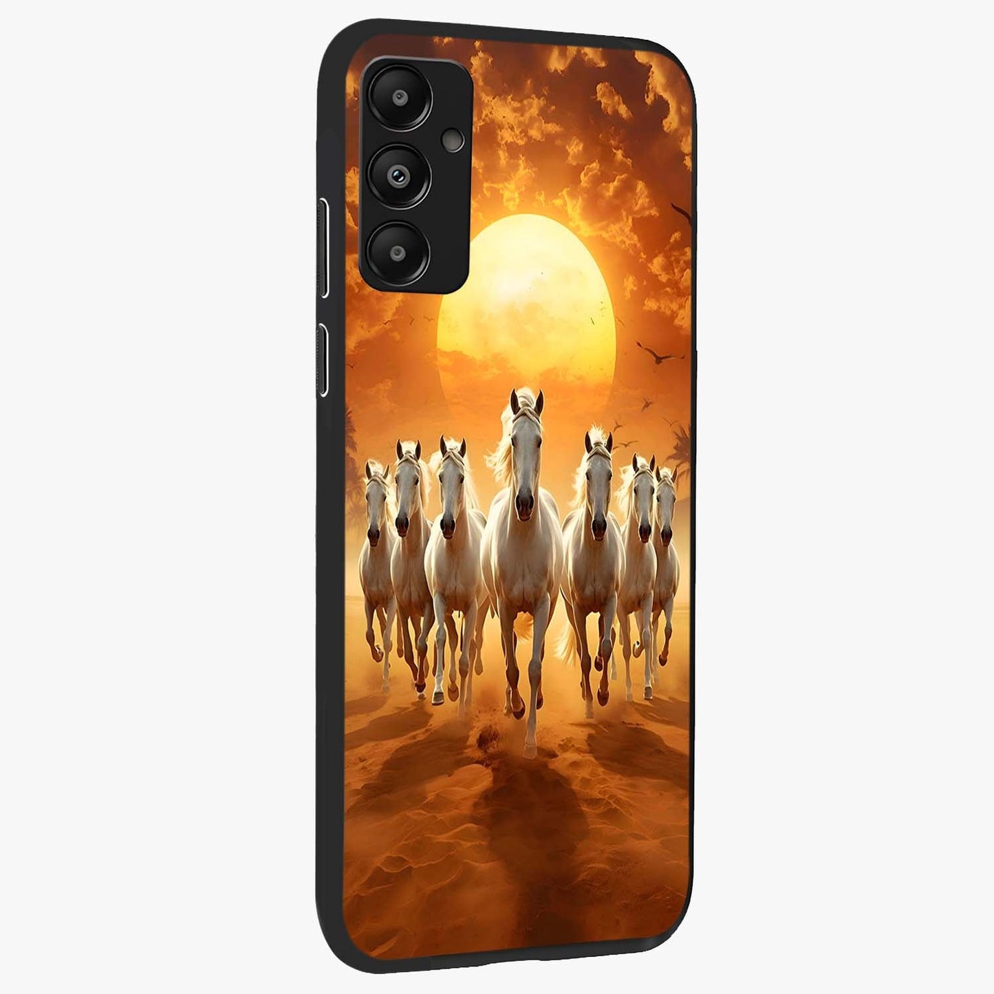 Wild Sunset Majesty Glass Case upright view showcasing dramatic sunset artwork with bold nature theme.