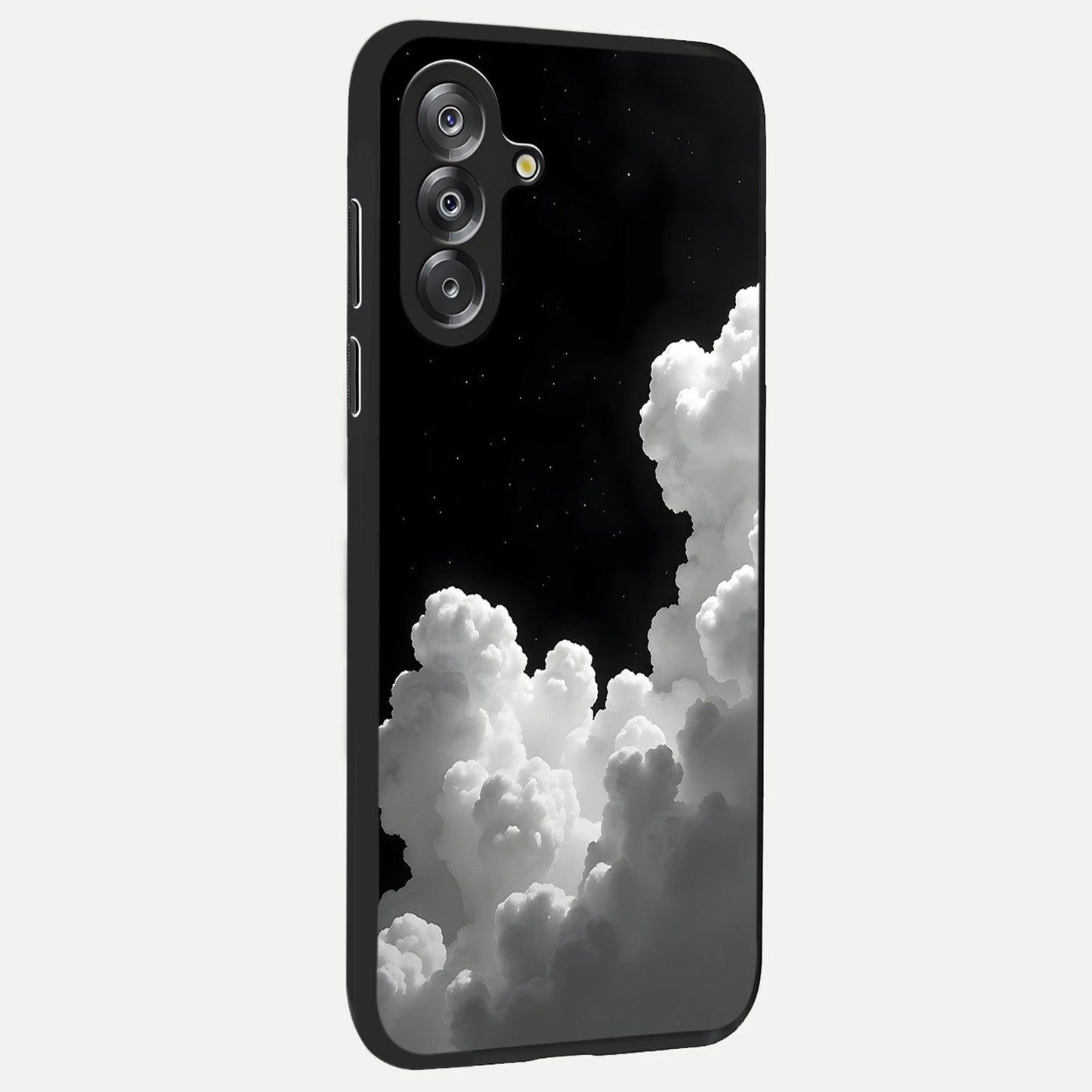 Black Background With White Cloud Glass Case upright view showcasing calm cloud aesthetic with modern minimal style.
