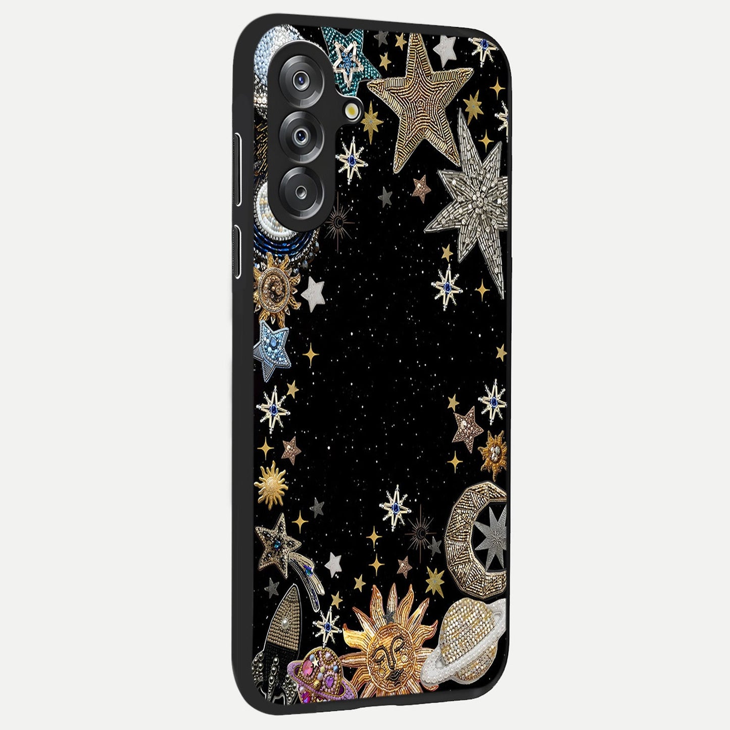 Galactic Jewel Stars Glass Case upright view showcasing glittering star jewel artwork with vibrant galaxy theme.