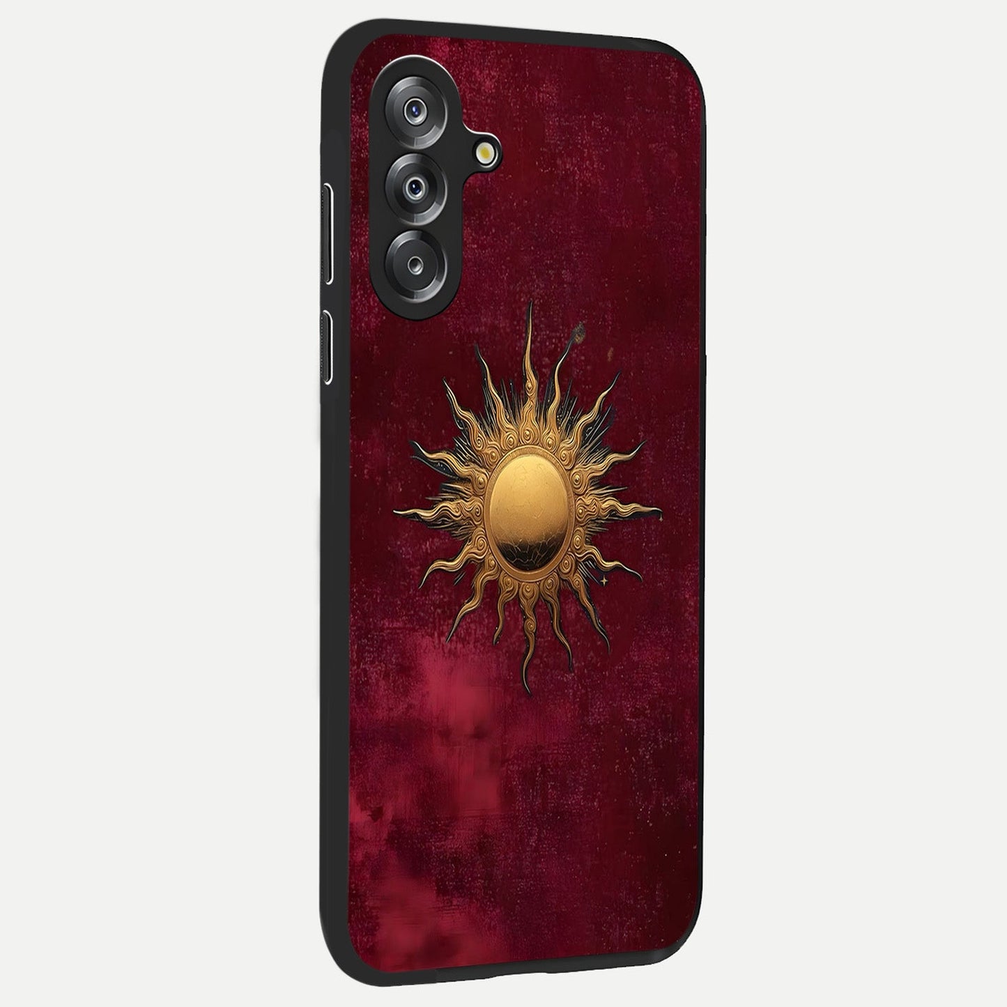 Golden Sun Minimalism Glass Case upright view showcasing simple golden sun artwork with elegant minimalist style.