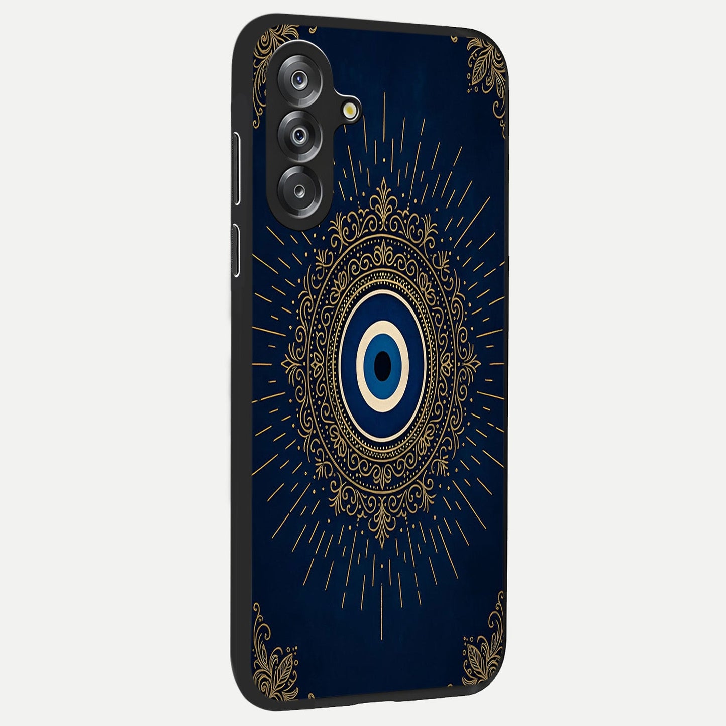Golden Celestial Charm Glass Case upright view showcasing radiant celestial artwork with elegant golden theme.