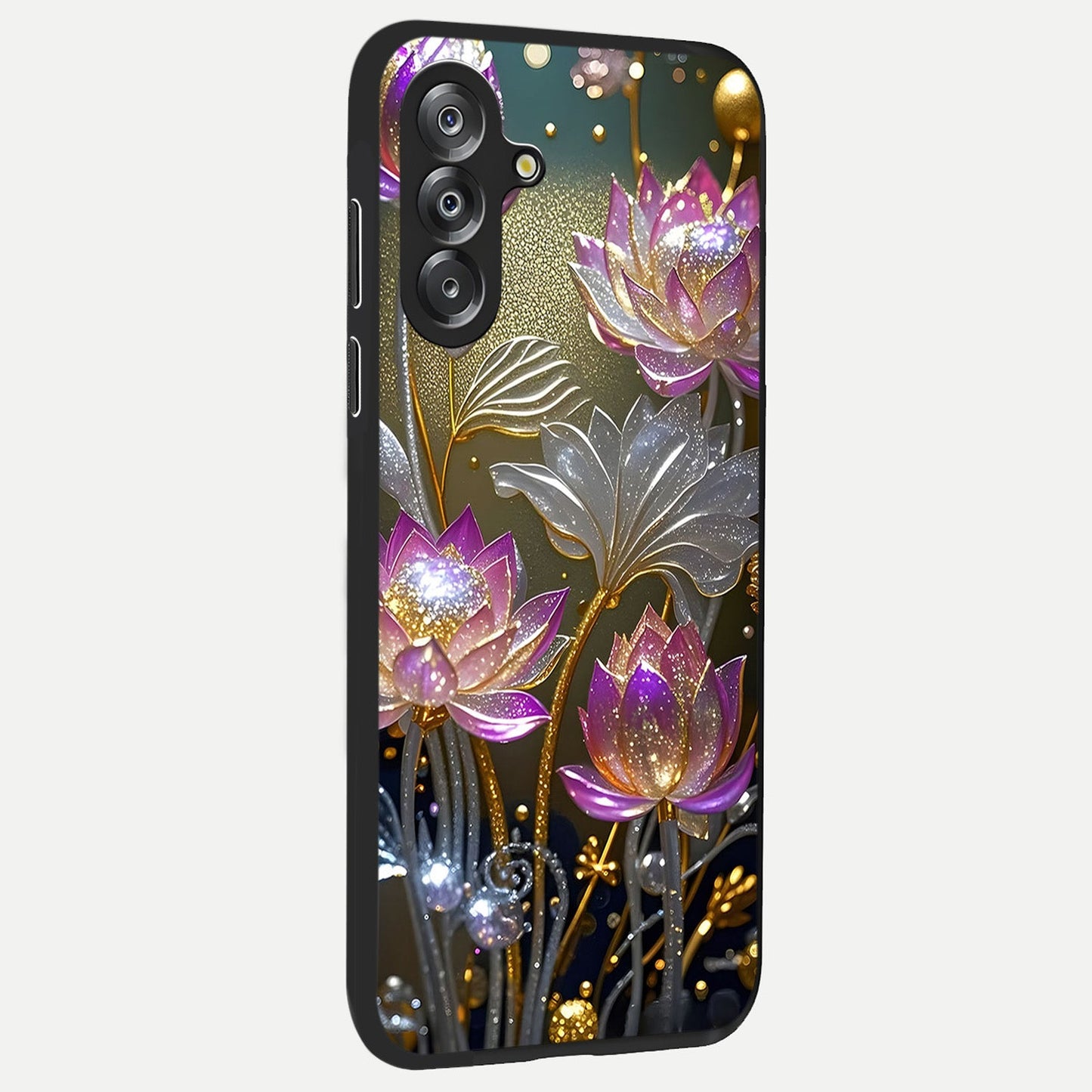 Golden Floral Majesty Glass Case upright view showcasing majestic floral artwork with rich decorative theme.
