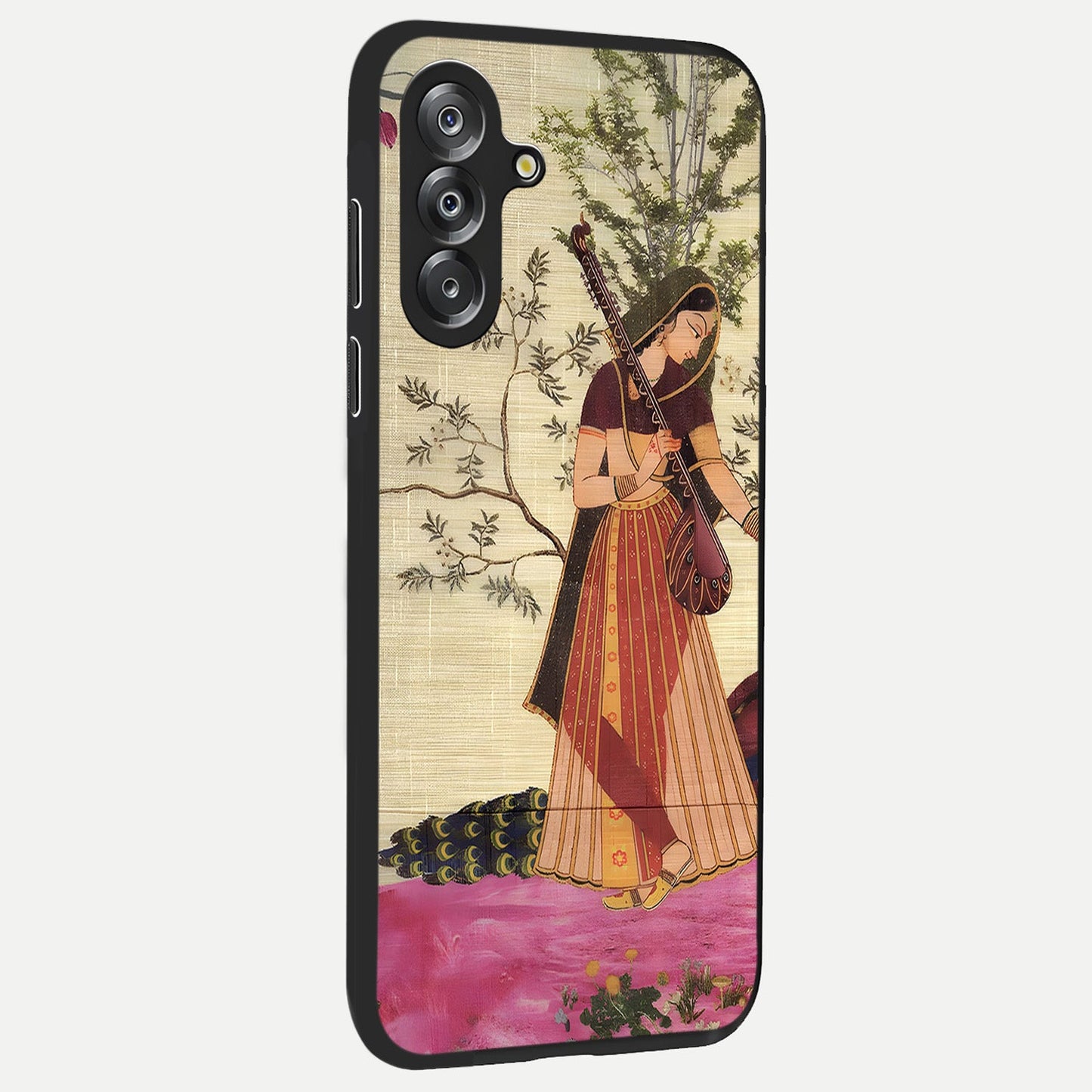 Lady With Veena Art Glass Case upright view showcasing classical veena artwork with traditional artistic theme.