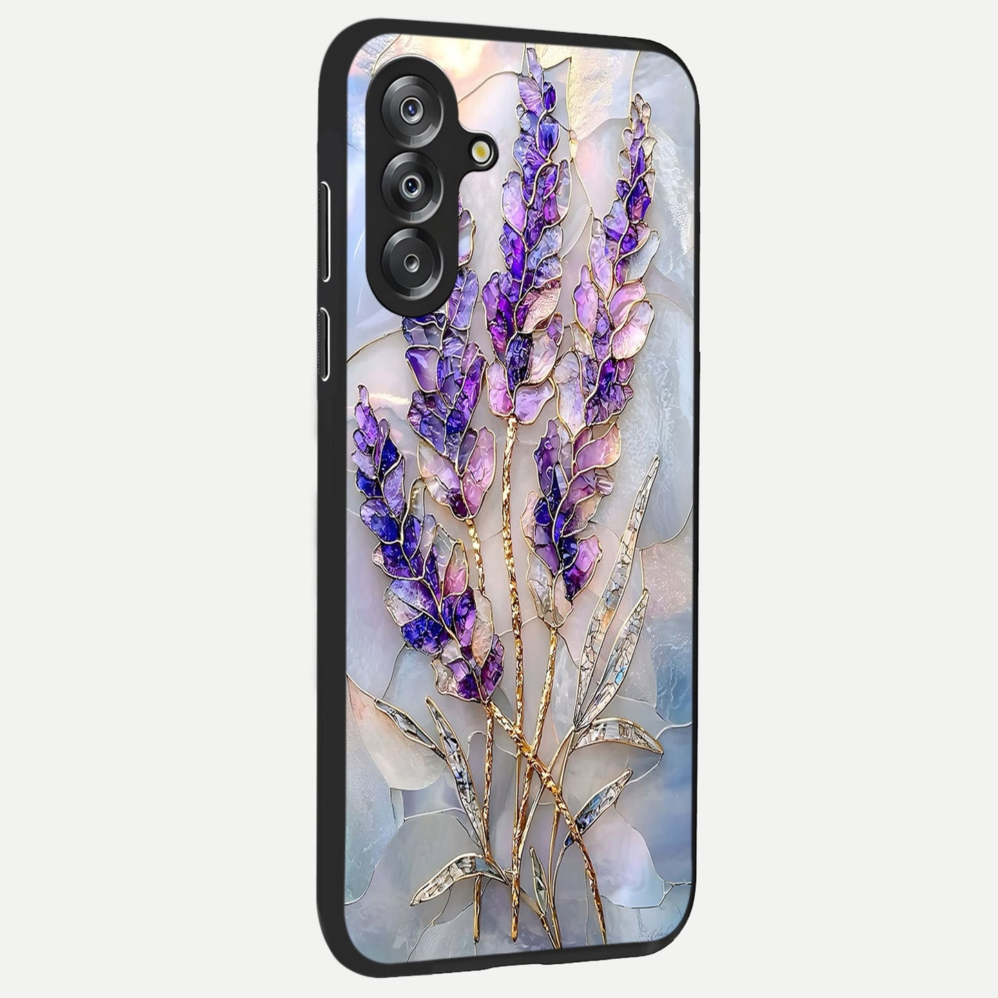 Lavender Dream Glow Glass Case upright view showcasing radiant lavender glow artwork with calming dreamy theme.
