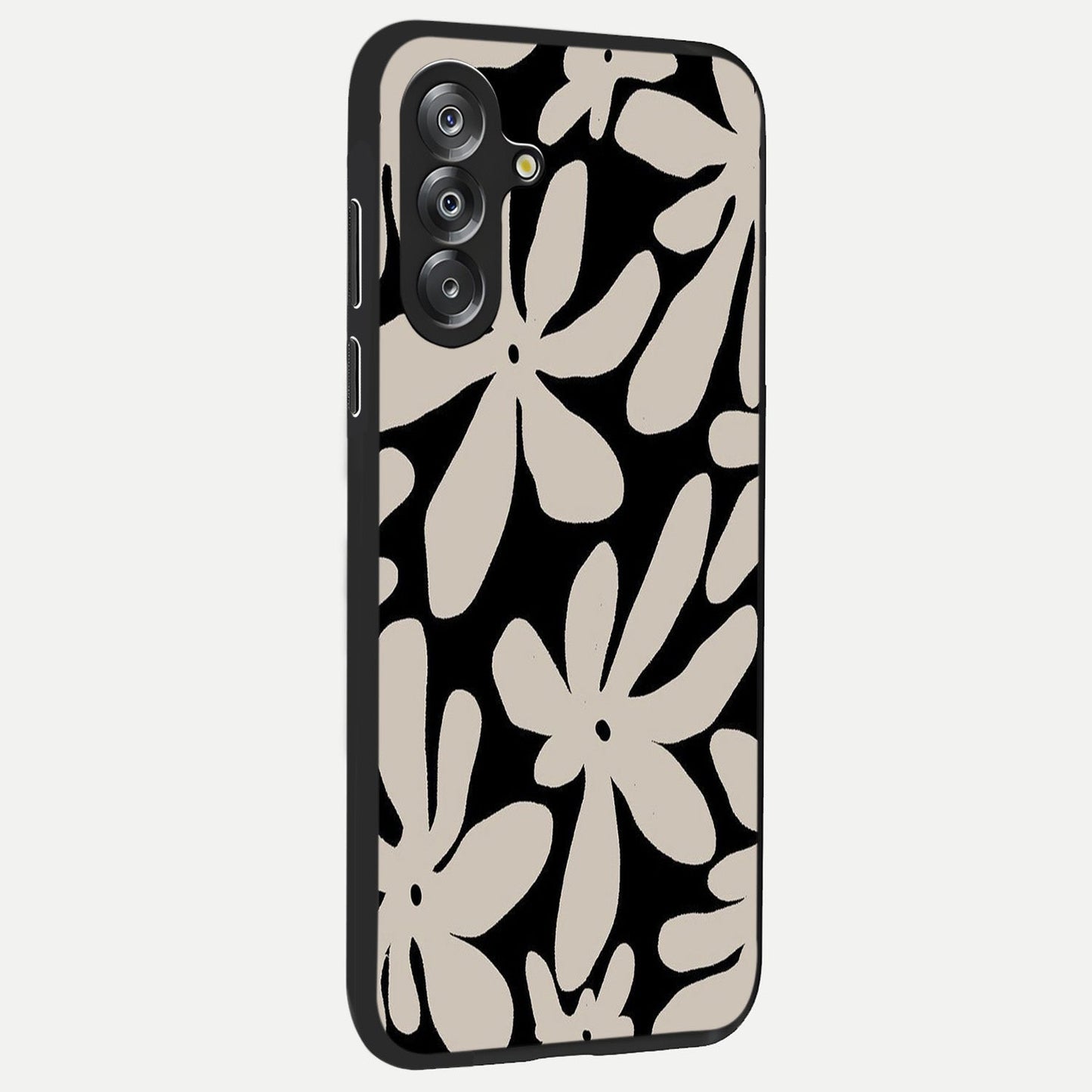 Monochrome Petal Dance Glass Case upright view showcasing artistic floral pattern with stylish monochrome theme.