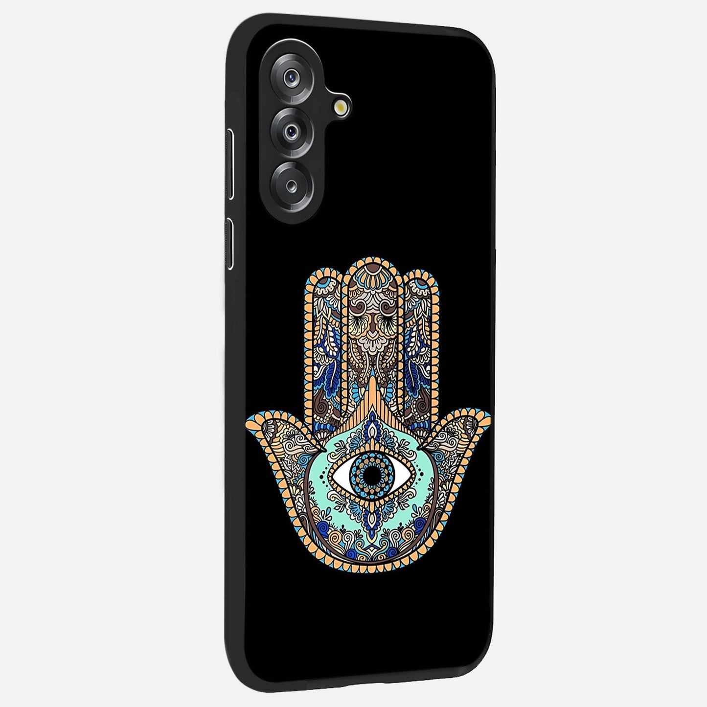 Mystic Hamsa Eye Glass Case upright view showcasing detailed hamsa eye artwork with protective spiritual theme.