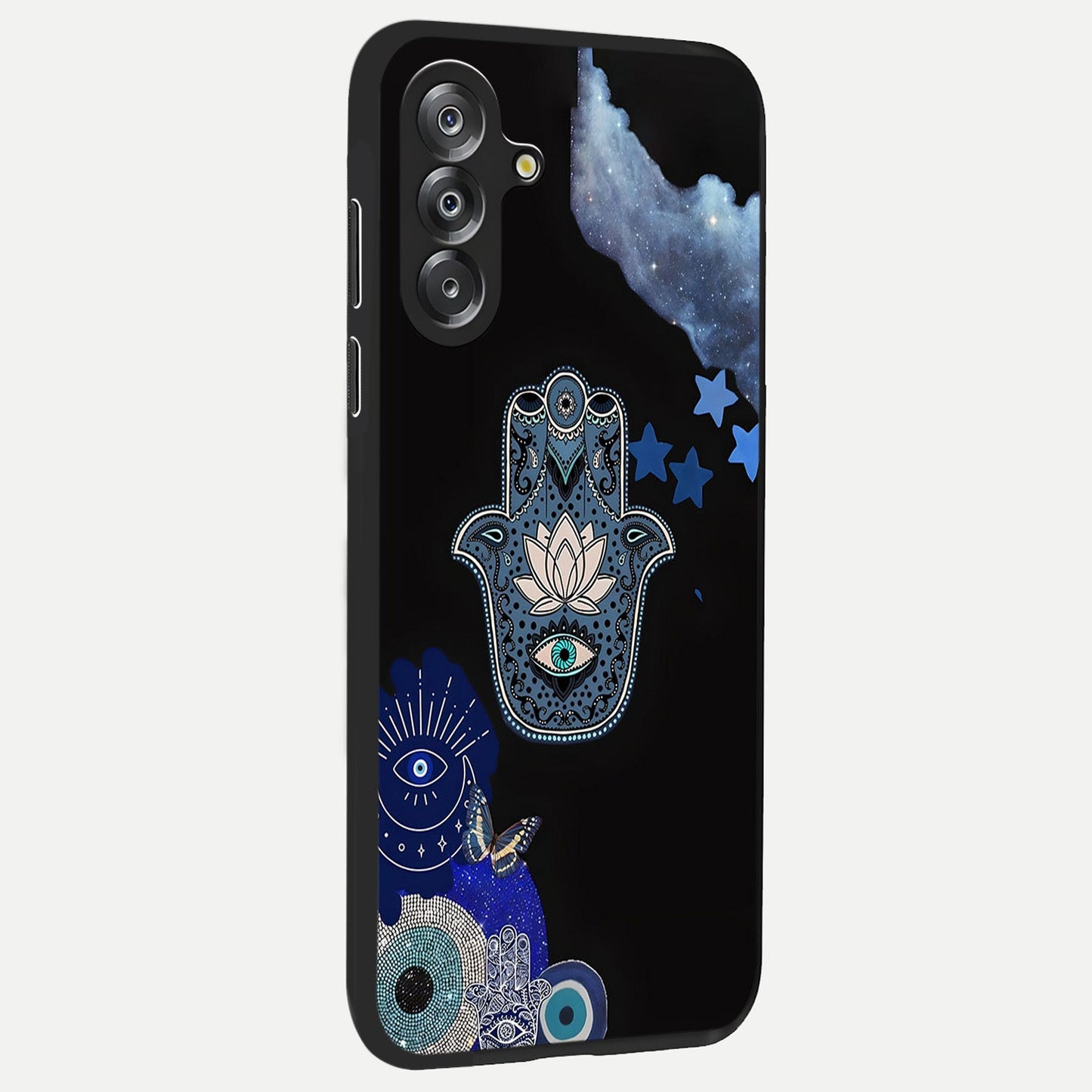 Mystic Hand Aura Glass Case upright view showcasing symbolic hand artwork with mystical energy theme.
