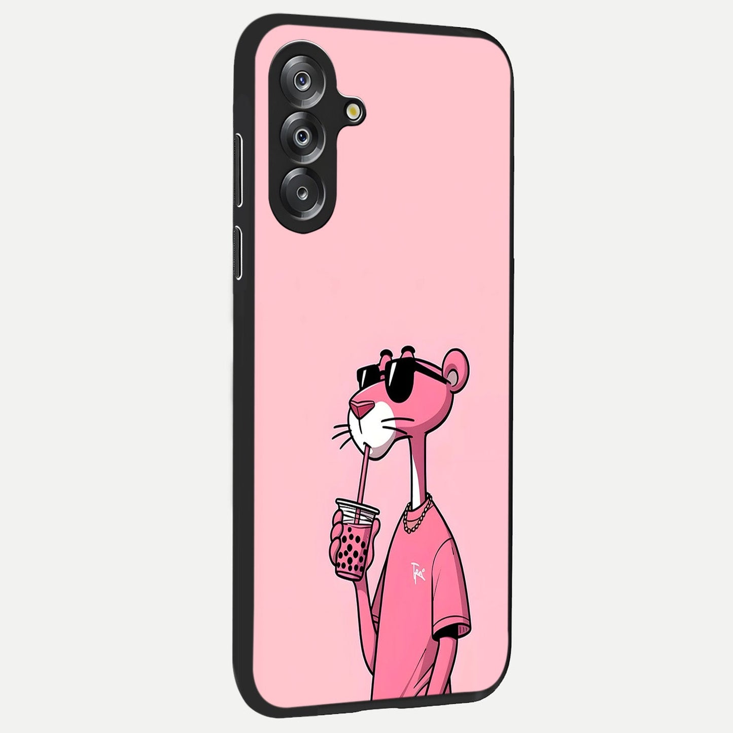 Pink Panther Glass Case upright view showcasing fun animated artwork with stylish retro cartoon theme.