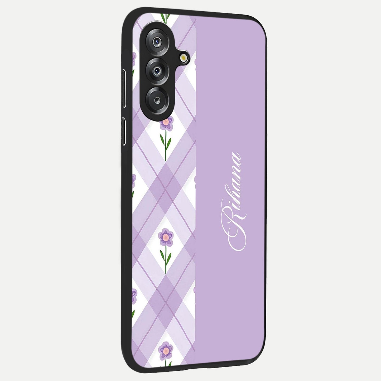 Purple Diamond Floral Glass Case upright view showcasing vibrant floral artwork with stylish geometric theme.