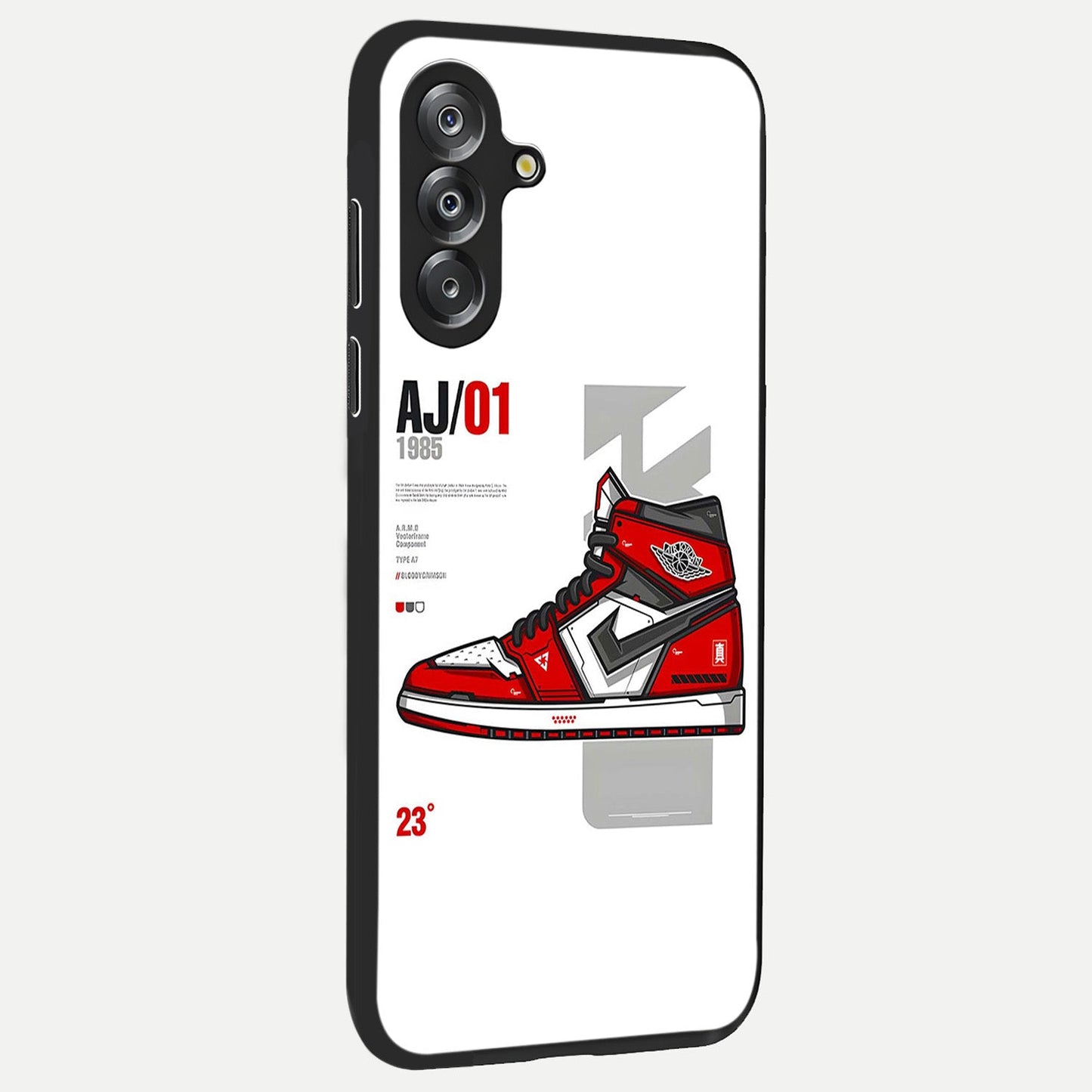 Retro Sneaker Blueprint Glass Case upright view showcasing stylish sneaker illustration with vintage streetwear theme.
