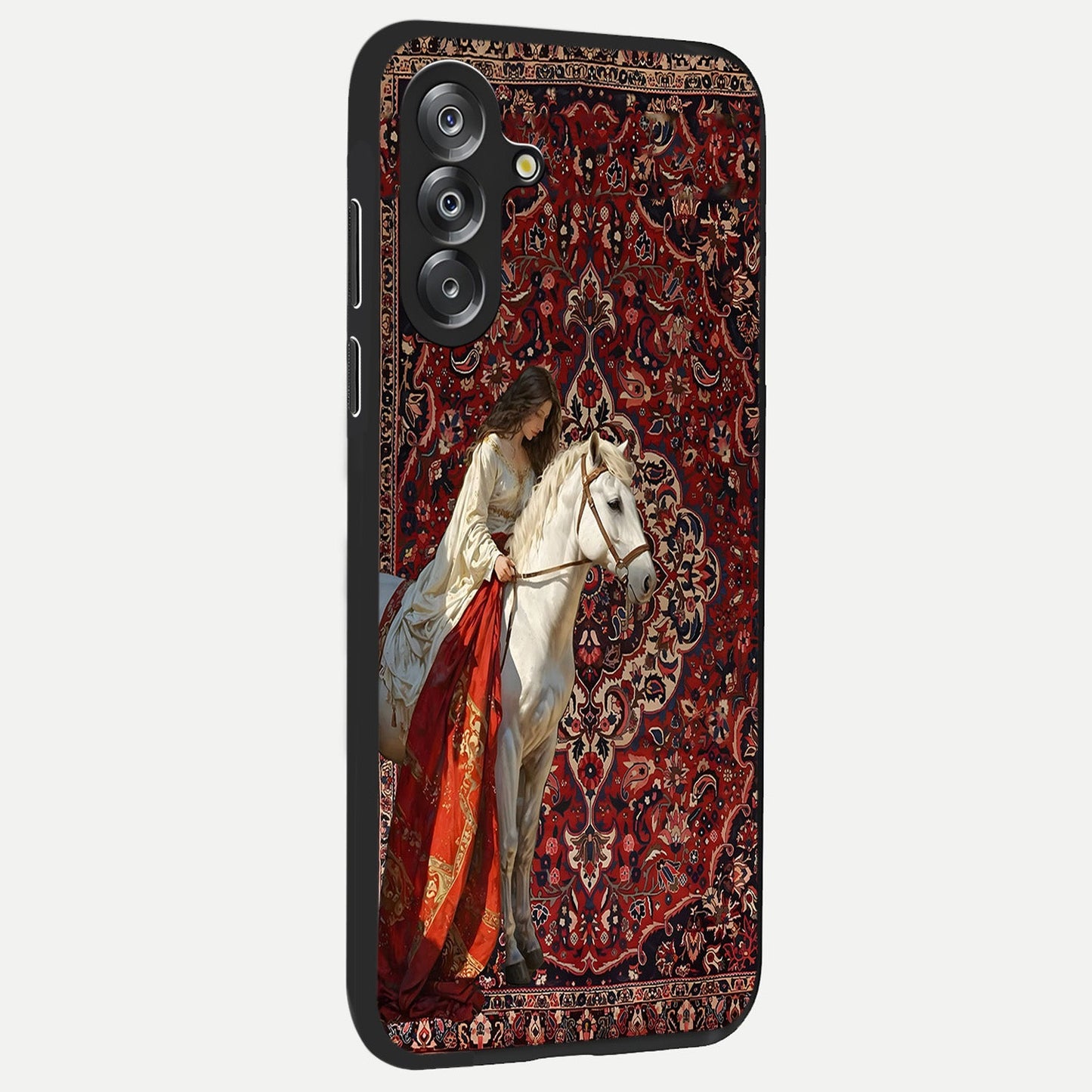 Royal Rider Tapestry Glass Case upright view showcasing detailed rider artwork with classic tapestry theme.