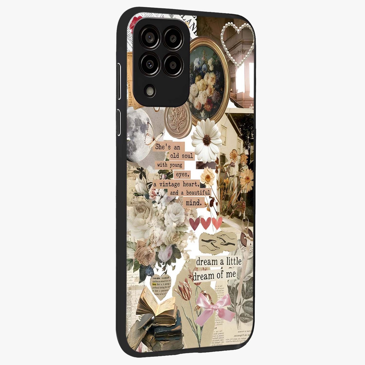 Aesthetic Brown Vintage Collage Glass Case upright view showcasing nostalgic retro artwork with stylish vintage theme.