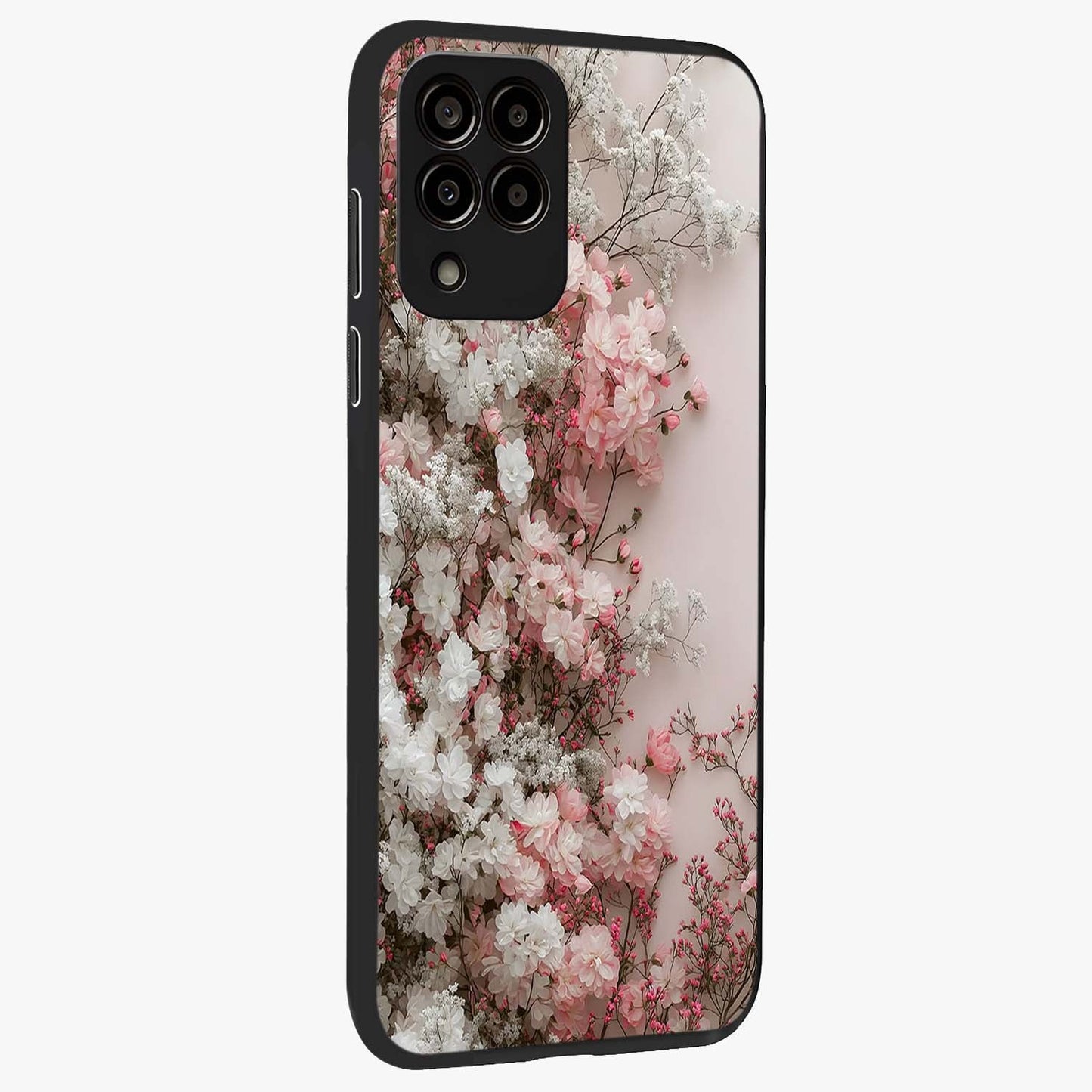 Blush Blossom Cloud Glass Case upright view showcasing calm floral cloud artwork with gentle dreamy theme.