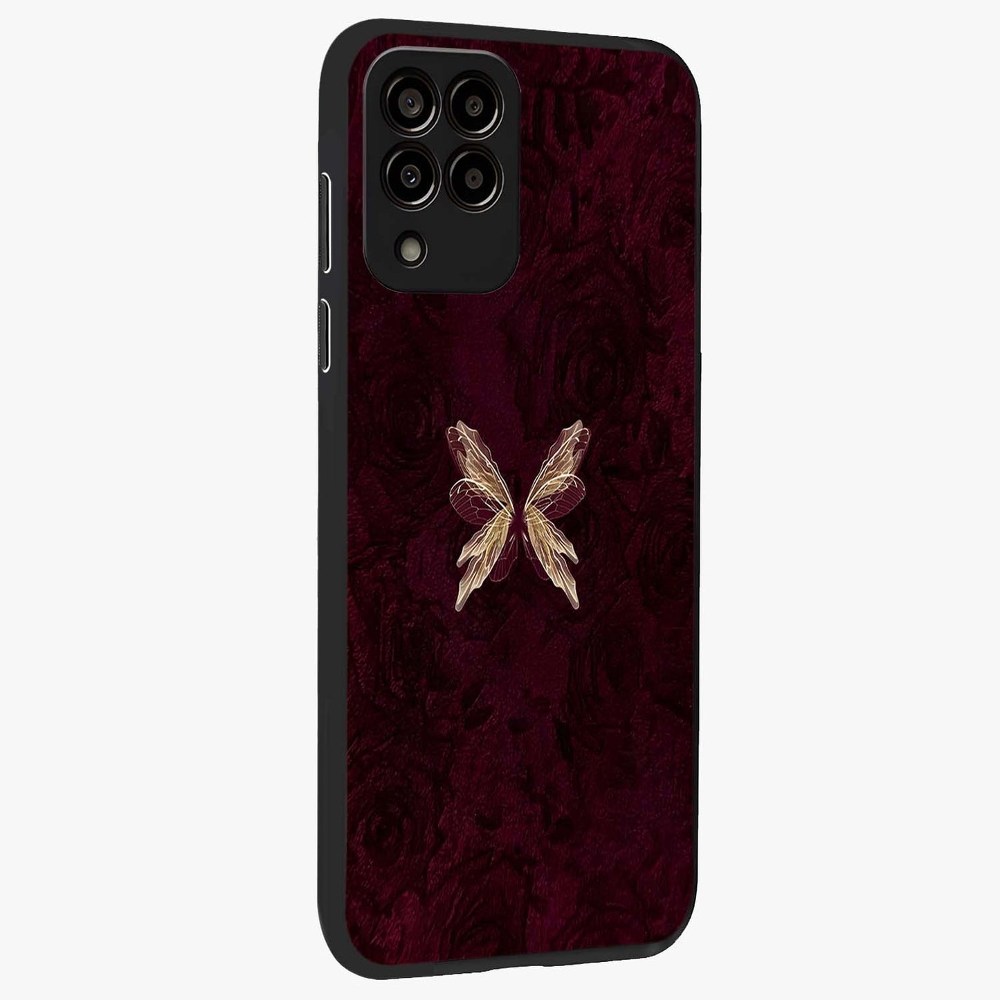 Crimson Fade Butterfly Glass Case upright view showcasing graceful butterfly artwork with soft crimson fade effect.
