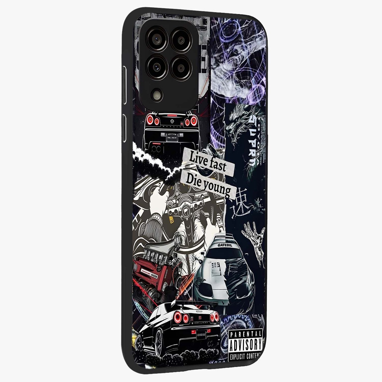 Die Young Glass Case upright view showcasing striking typography artwork with modern statement theme.