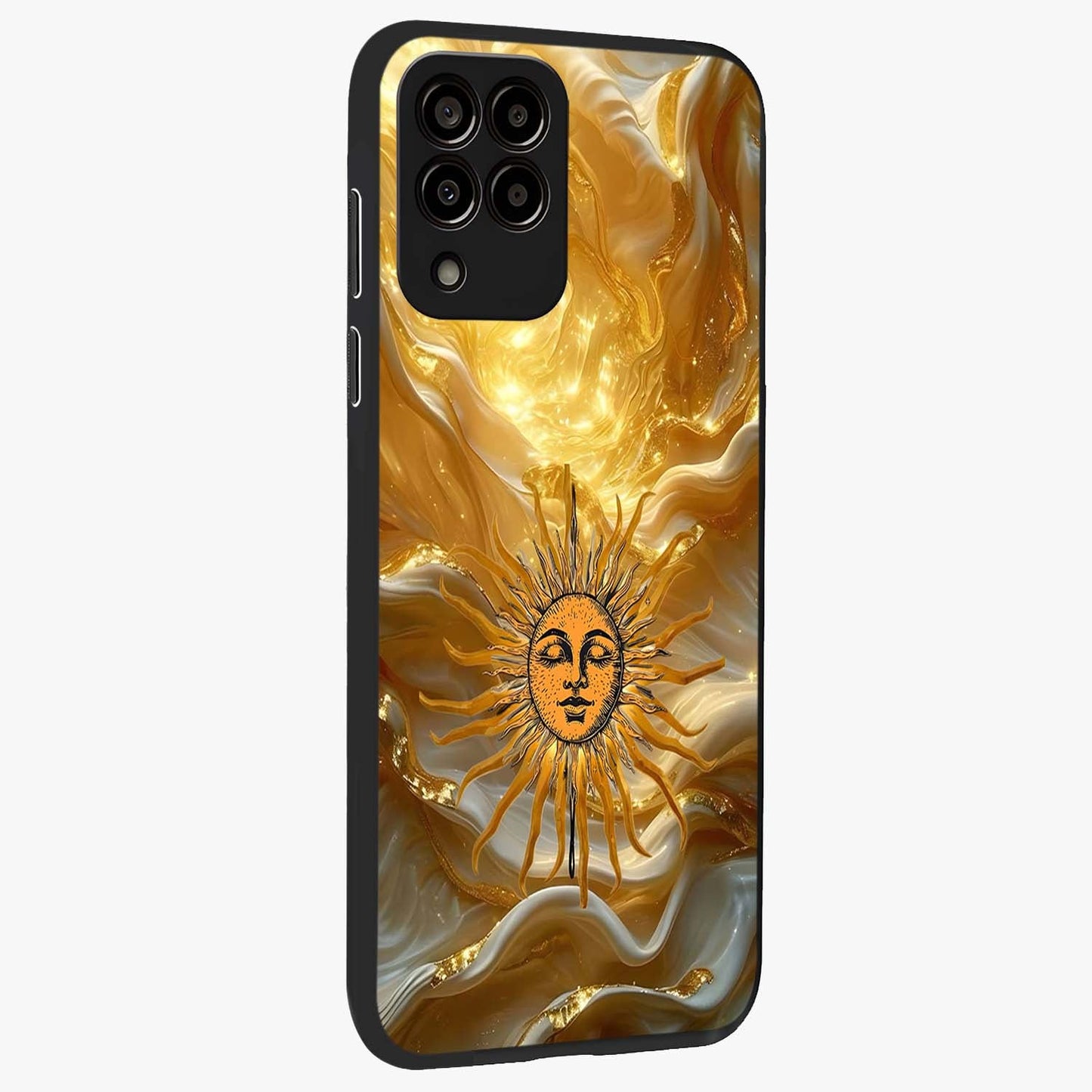Eternal Golden Glow Glass Case upright view showcasing luminous golden artwork with luxurious visual theme.