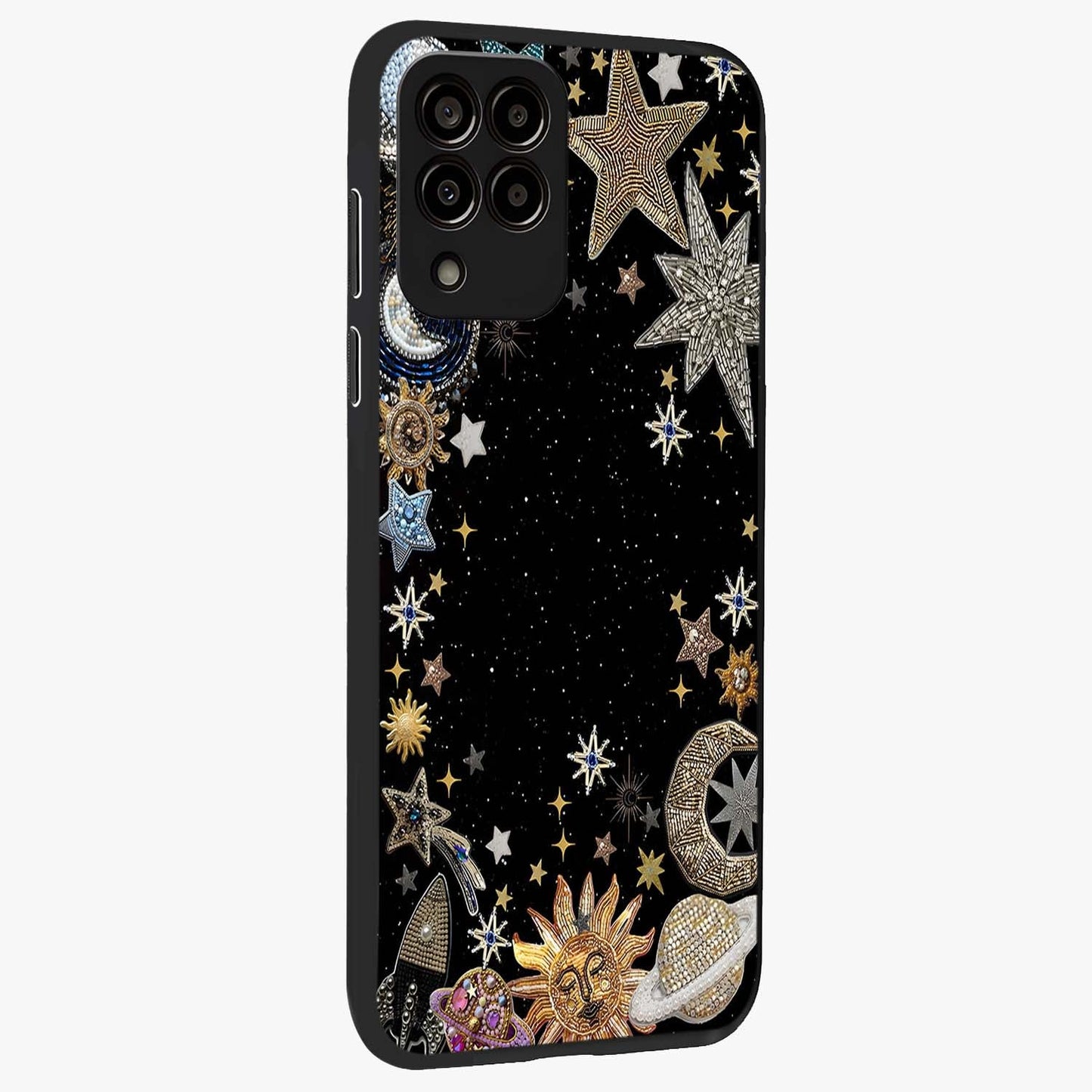 Galactic Jewel Stars Glass Case upright view showcasing glittering star jewel artwork with vibrant galaxy theme.