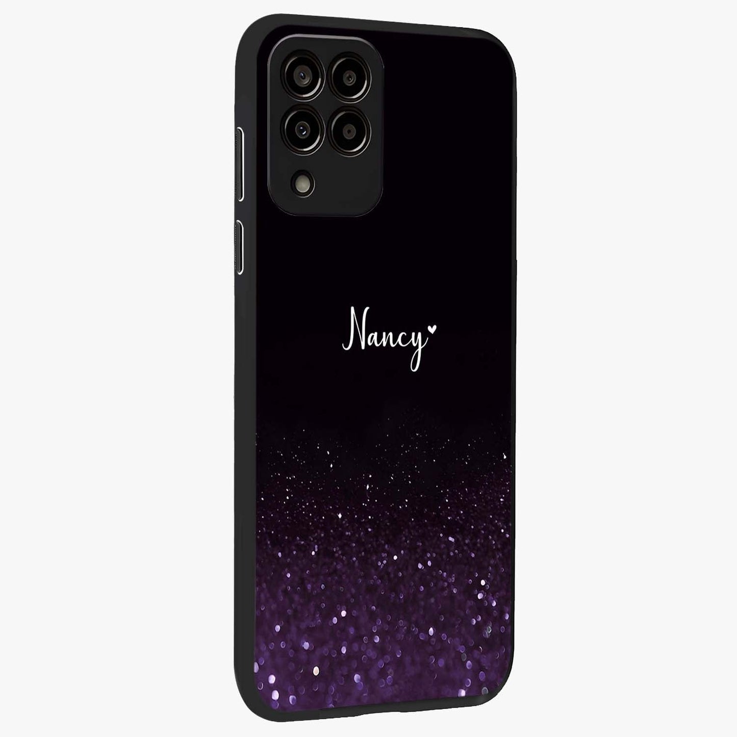 Glittery Purple Bokeh Custom Name Glass Case upright view showcasing vibrant purple sparkle artwork with personalized aesthetic style.