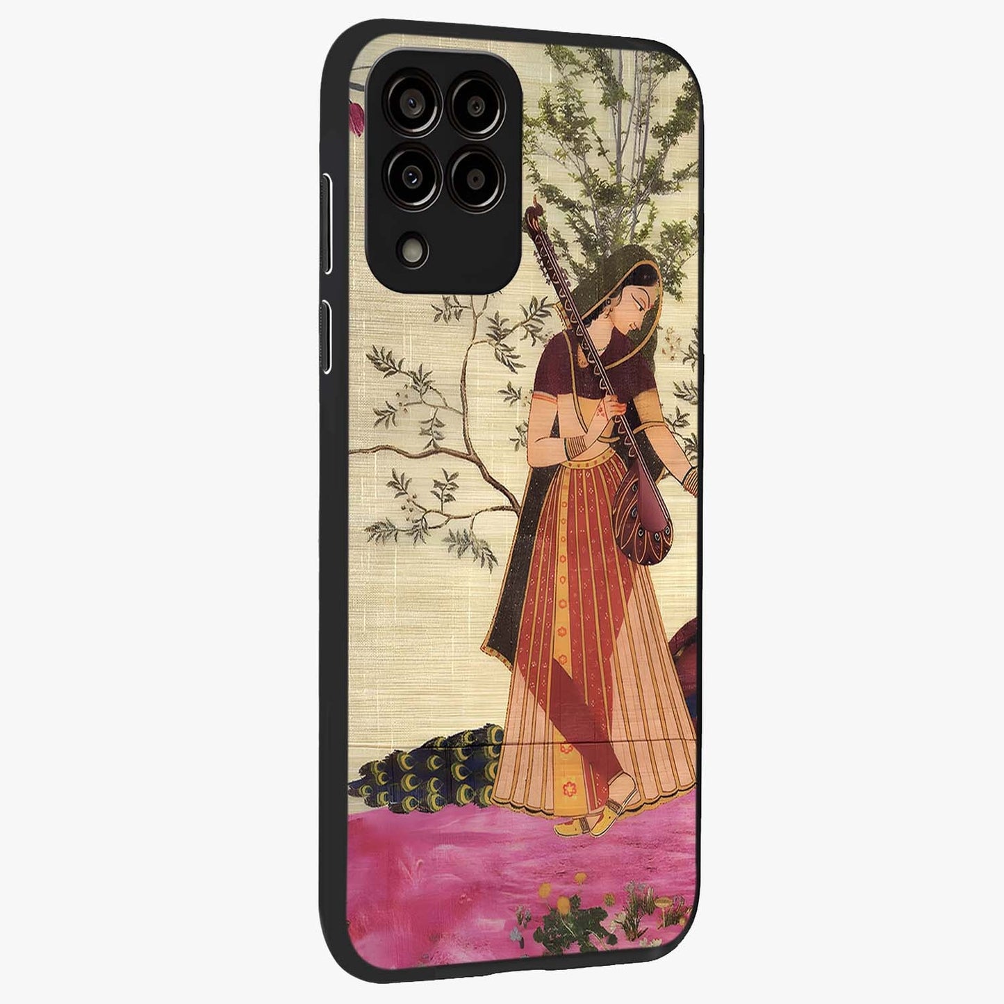 Lady With Veena Art Glass Case upright view showcasing classical veena artwork with traditional artistic theme.