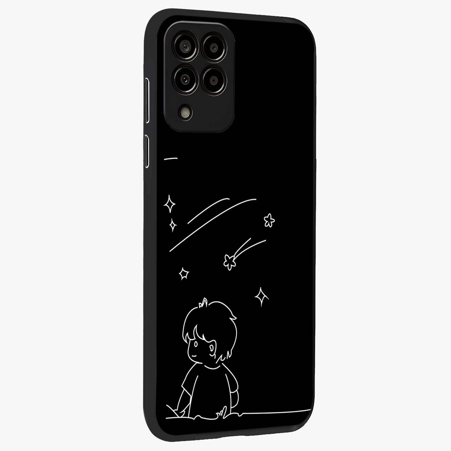 Line Art Boy With Shooting Stars Glass Case upright view showcasing artistic shooting star illustration with minimal style.